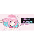Anime girl desk pad 36x16 inches with shy pose, candy-pink hair, pastel backdrop, RIAMU YUMEMI sign.