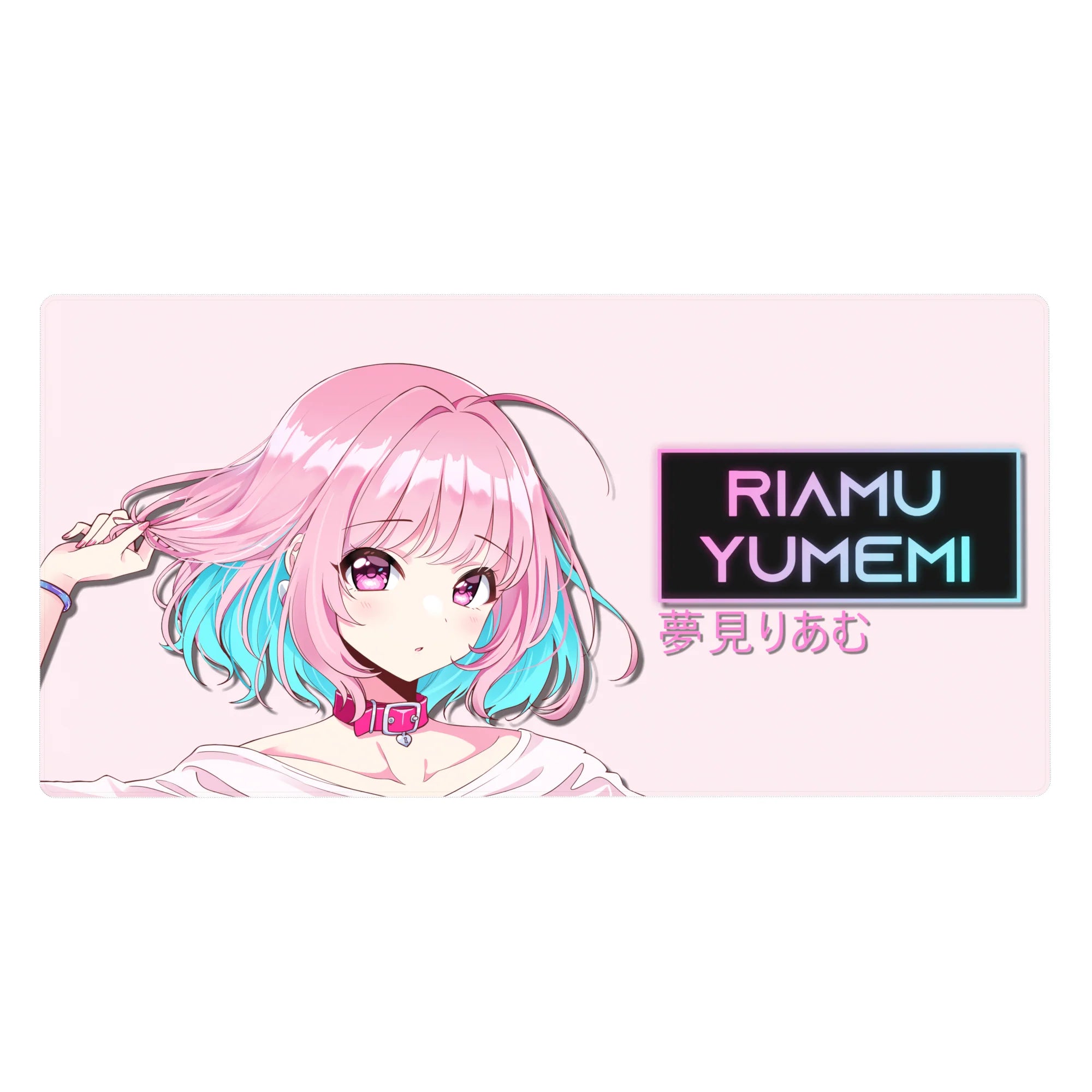 Anime girl desk pad 40x20 inches with pastel backdrop, candy-pink hair, aqua tips, and RIAMU nameplate.