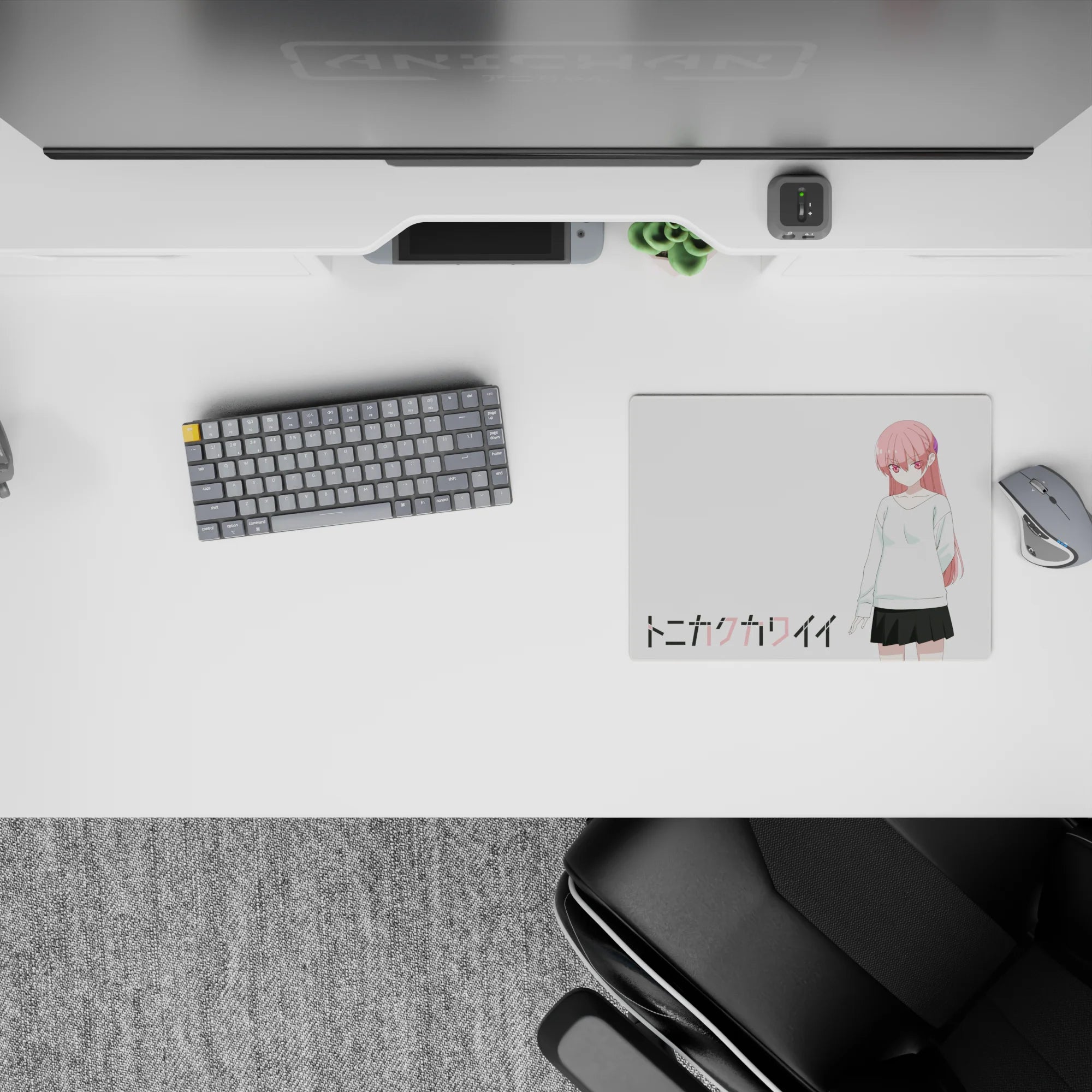 14x10 inches classic anime girl mouse pad, soft moody vibe, pink hair on clean white background for cozy gaming.
