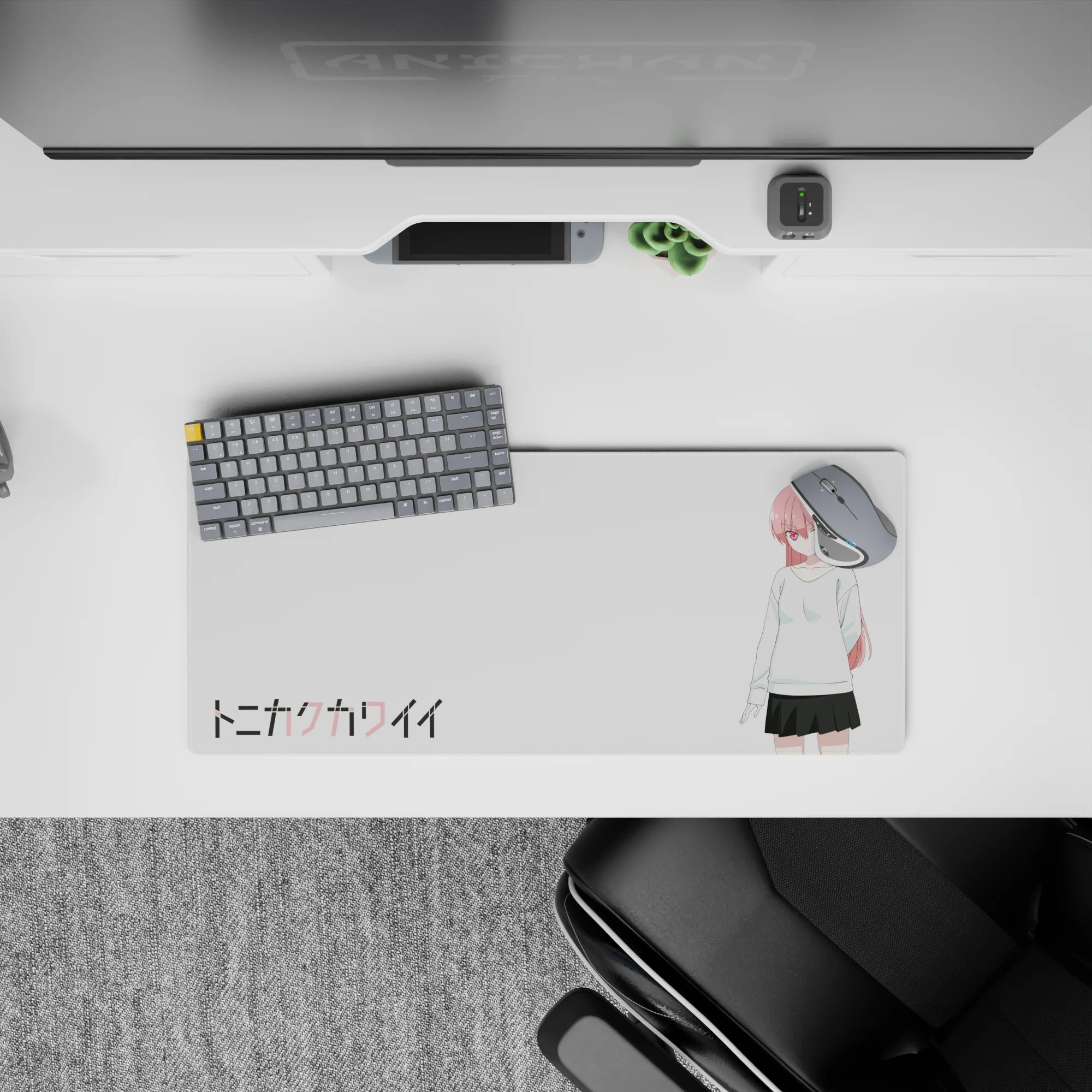 Cozy moody pink-and-white anime desk mat with clean negative space, 28x12 inches.