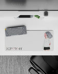 Cozy moody pink-and-white anime desk mat with clean negative space, 28x12 inches.