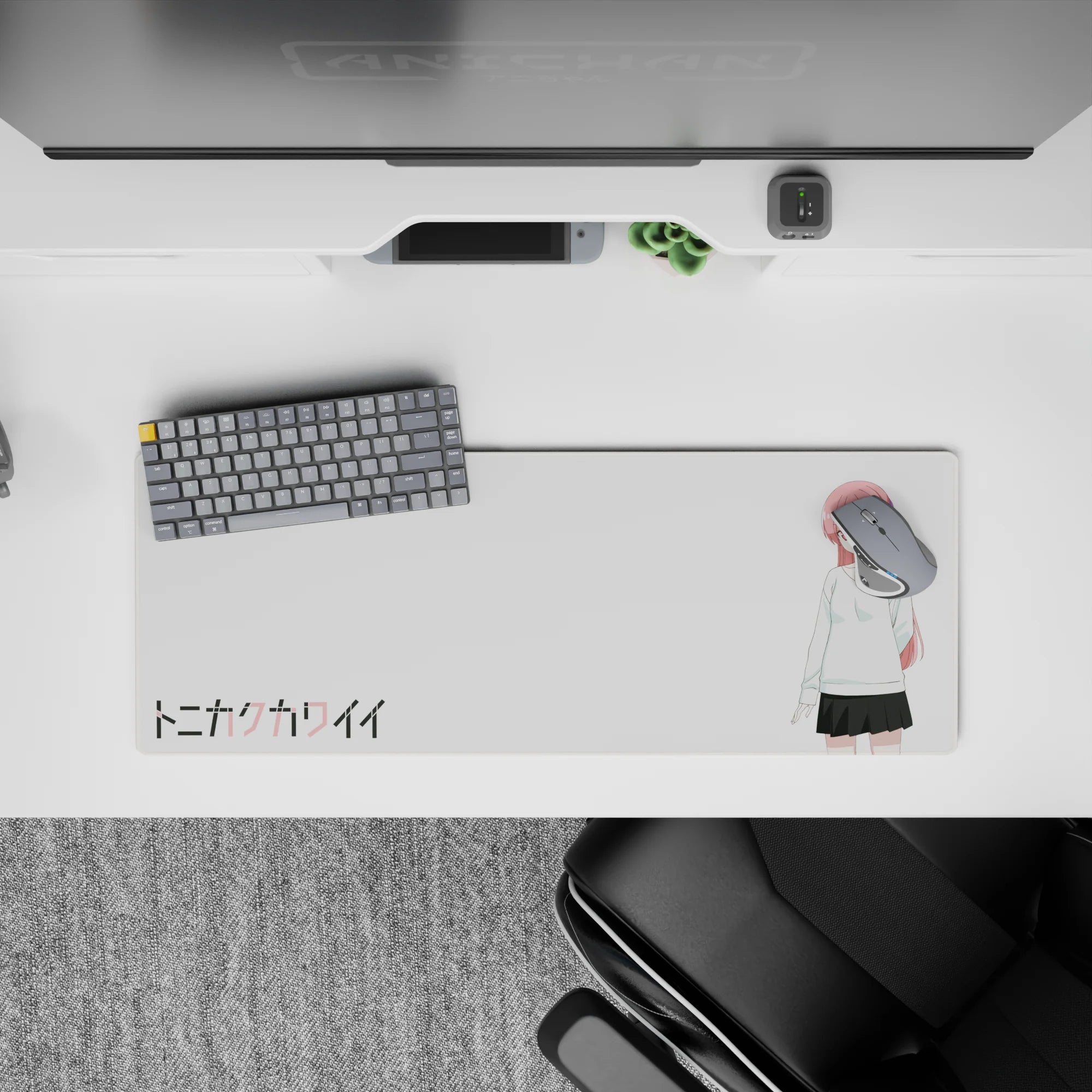 32x12 inches pink-haired anime mouse pad, soft moody vibe on clean white background for cozy gaming.