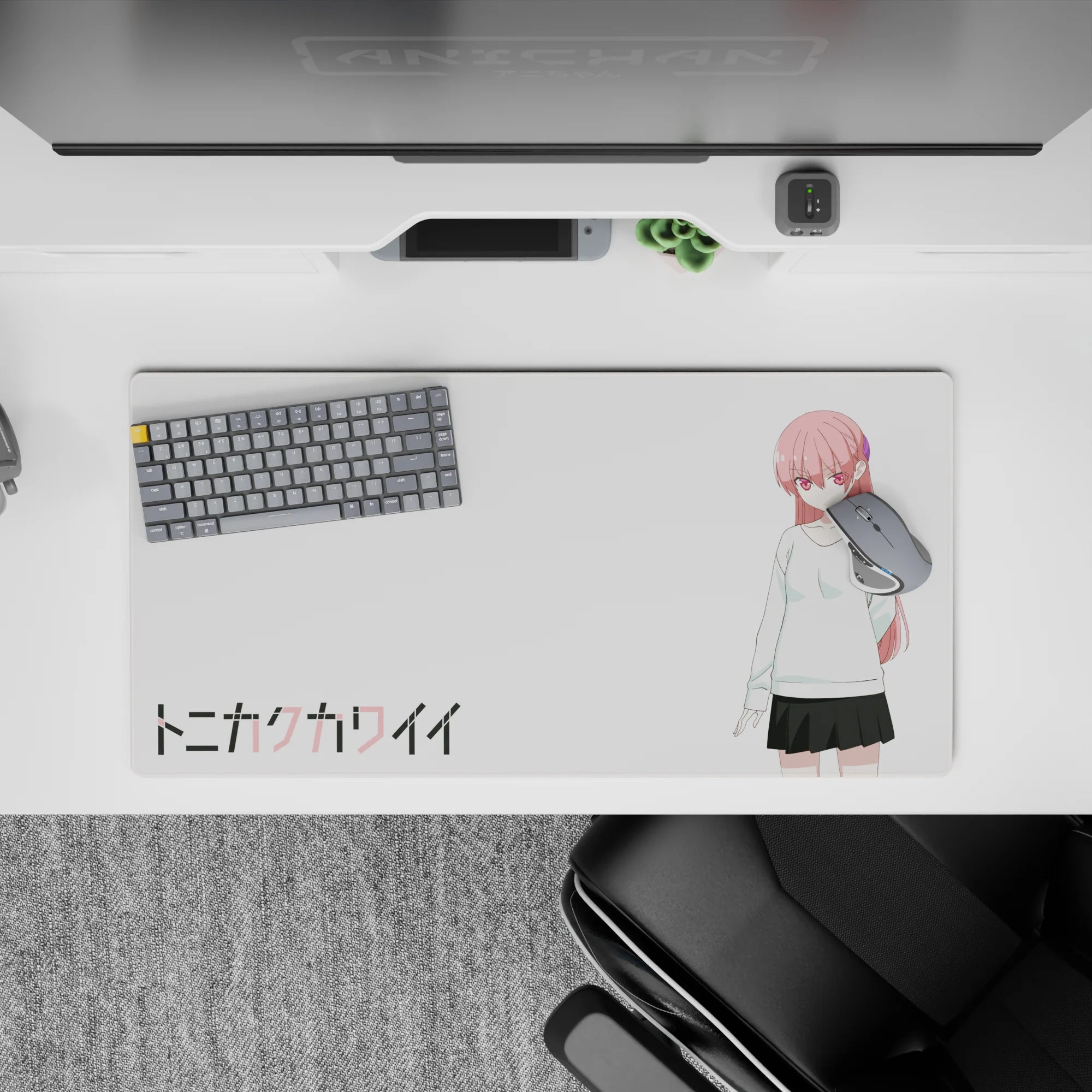 Cozy moody pink-and-white anime girl mouse pad with minimalist vibe, smooth tracking, 32x16 inches.