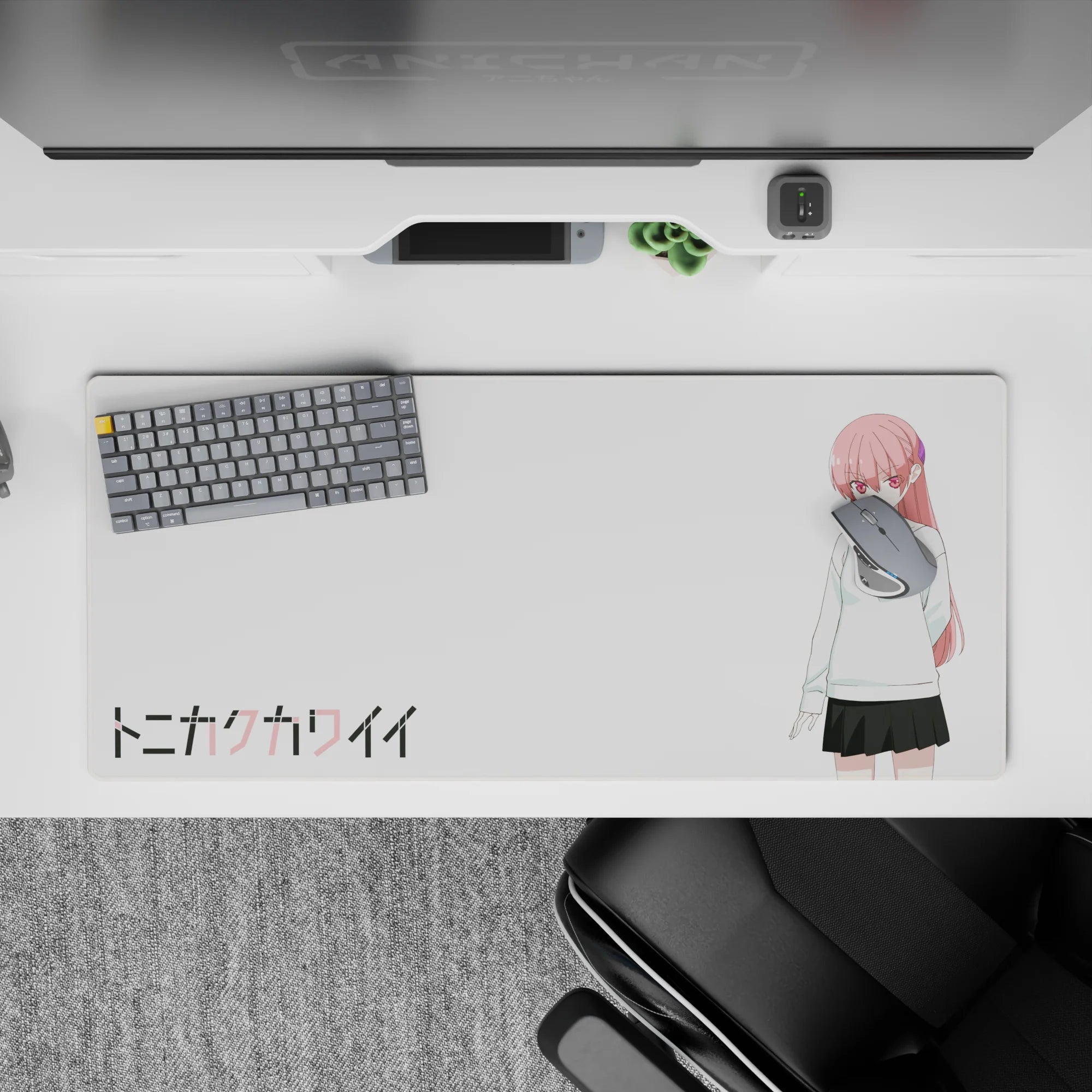 36x16 inches desk pad with soft moody vibe, pink hair on bright white, cozy anime aesthetic for gaming.