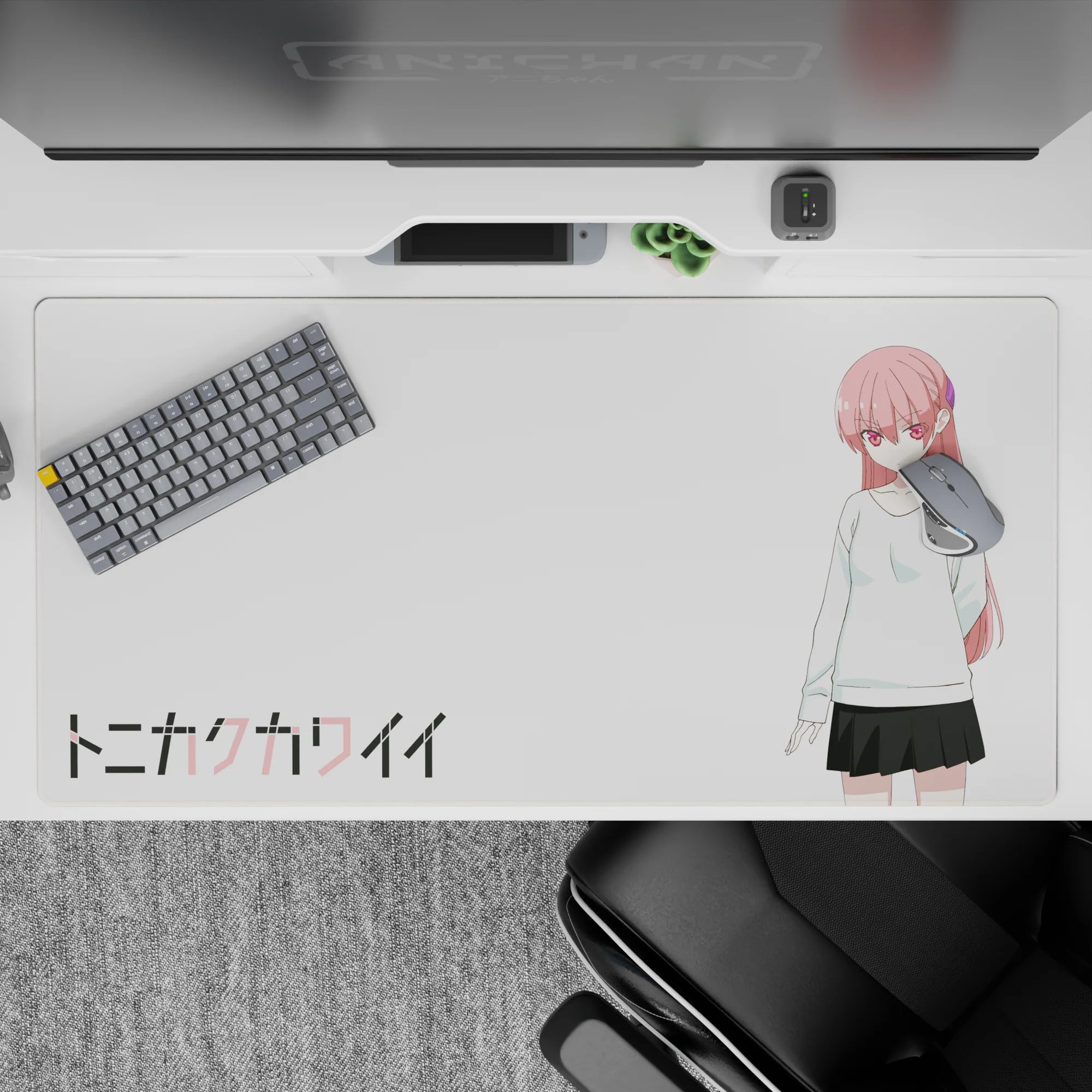 Cozy moody pink-haired anime desk pad 40x20 inches on white background, cute sweater and dark skirt.