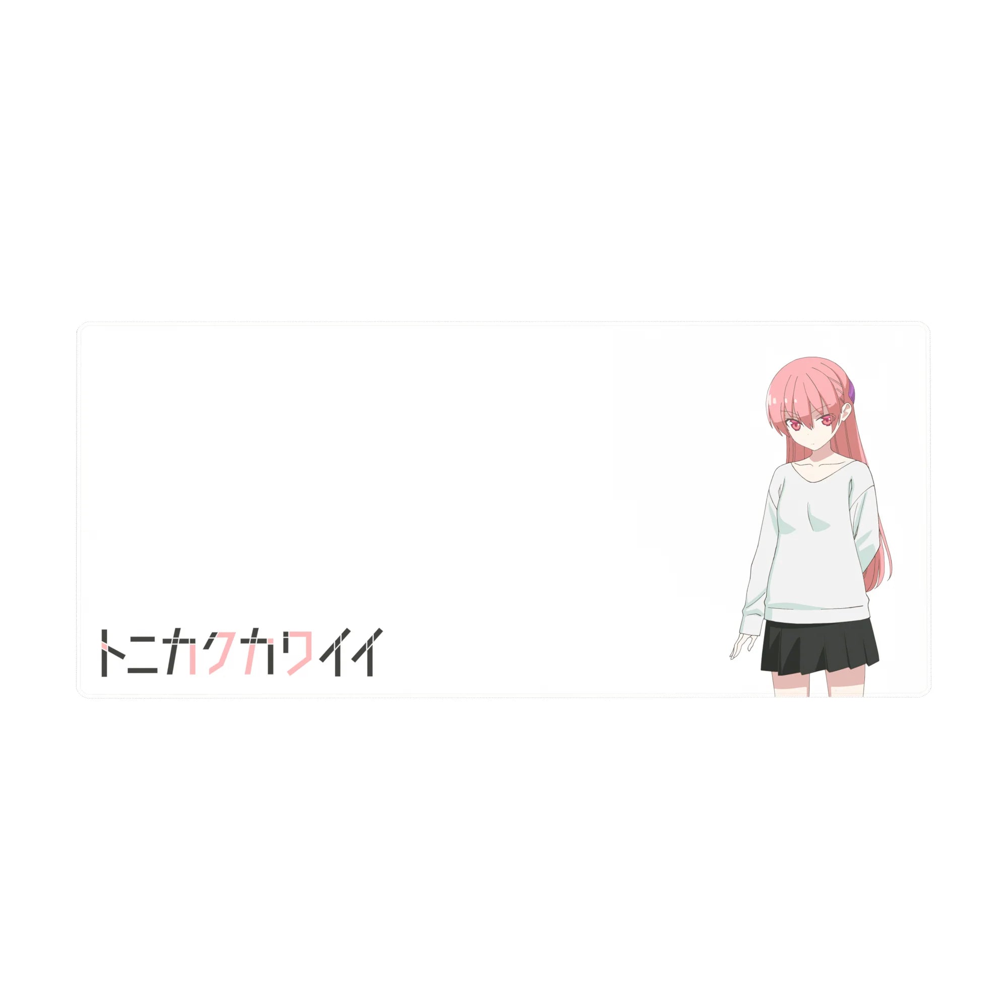 36x16 inches anime girl desk pad with minimalist Japanese title, cute sweater and skirt, clean white layout.