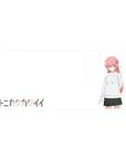 36x16 inches anime girl desk pad with minimalist Japanese title, cute sweater and skirt, clean white layout.