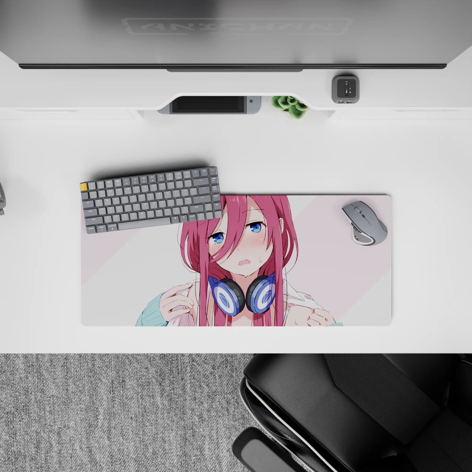 Cozy blush-tone anime mouse pad 28x12 inches in soft pink stripes with crisp art and a teasing vibe.