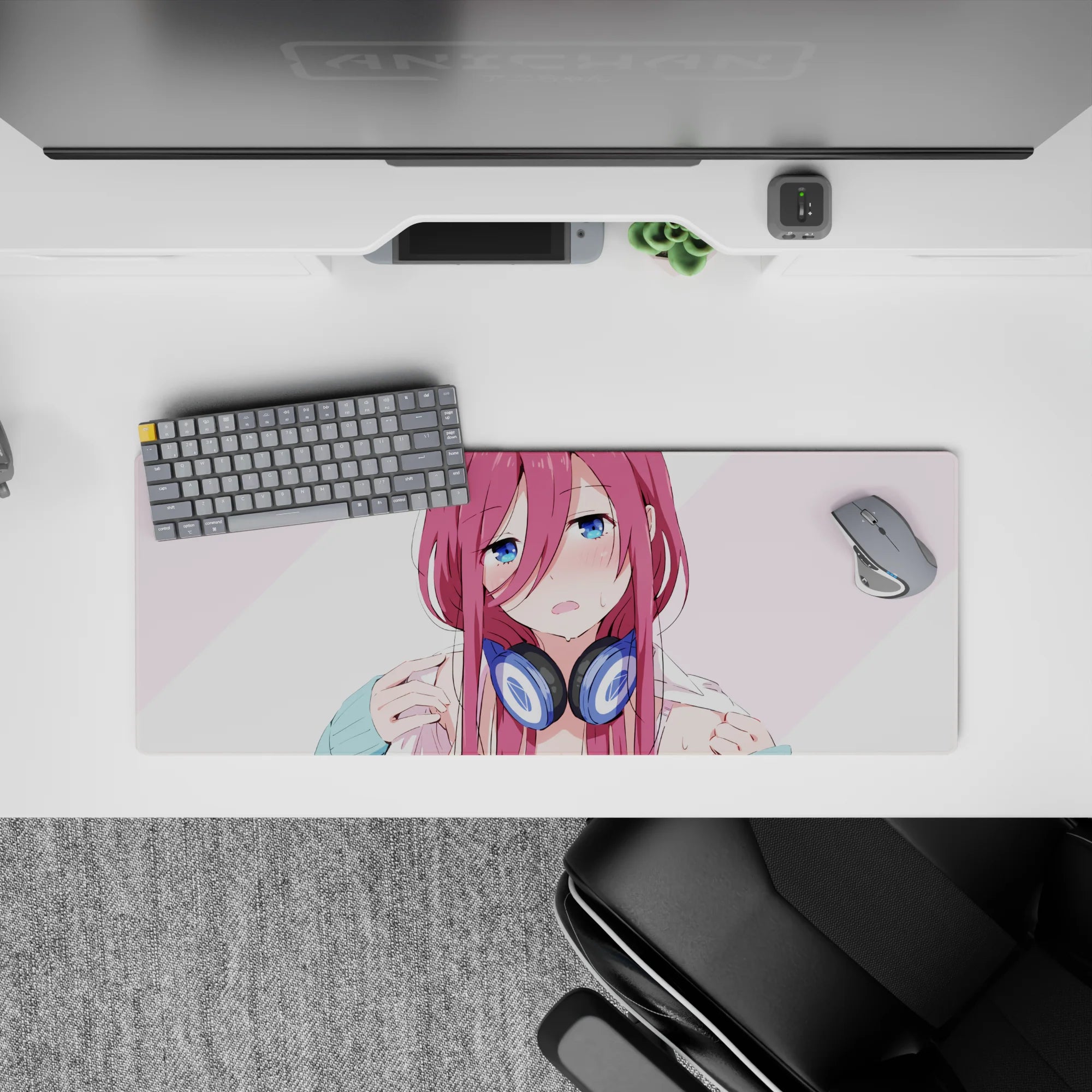 32x12 inches kawaii desk mat in soft blush and pale pink stripes, cozy teasing anime vibe.