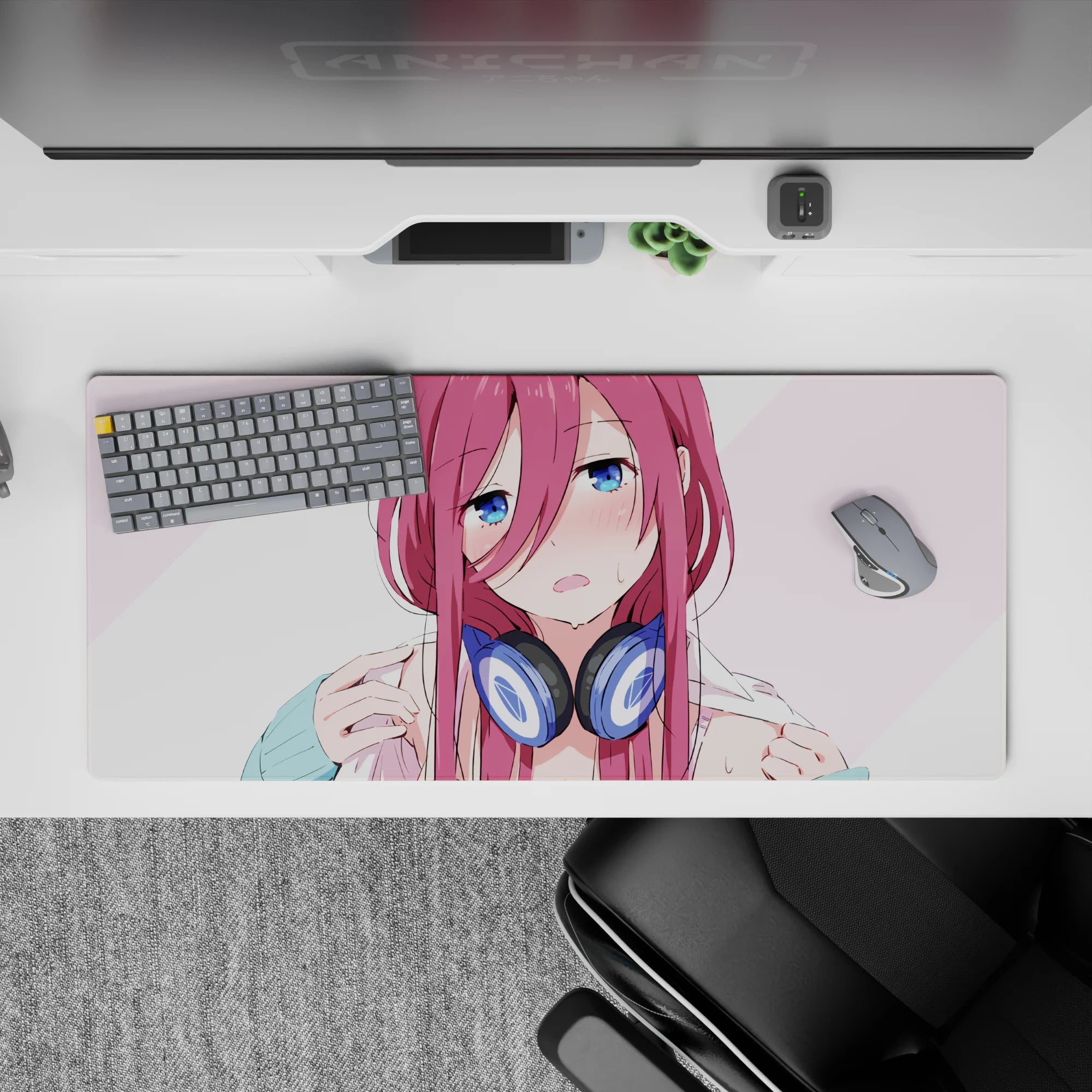 36x16 inches kawaii anime desk pad in blush and pale pink stripes, cozy teasing vibe with crisp art.