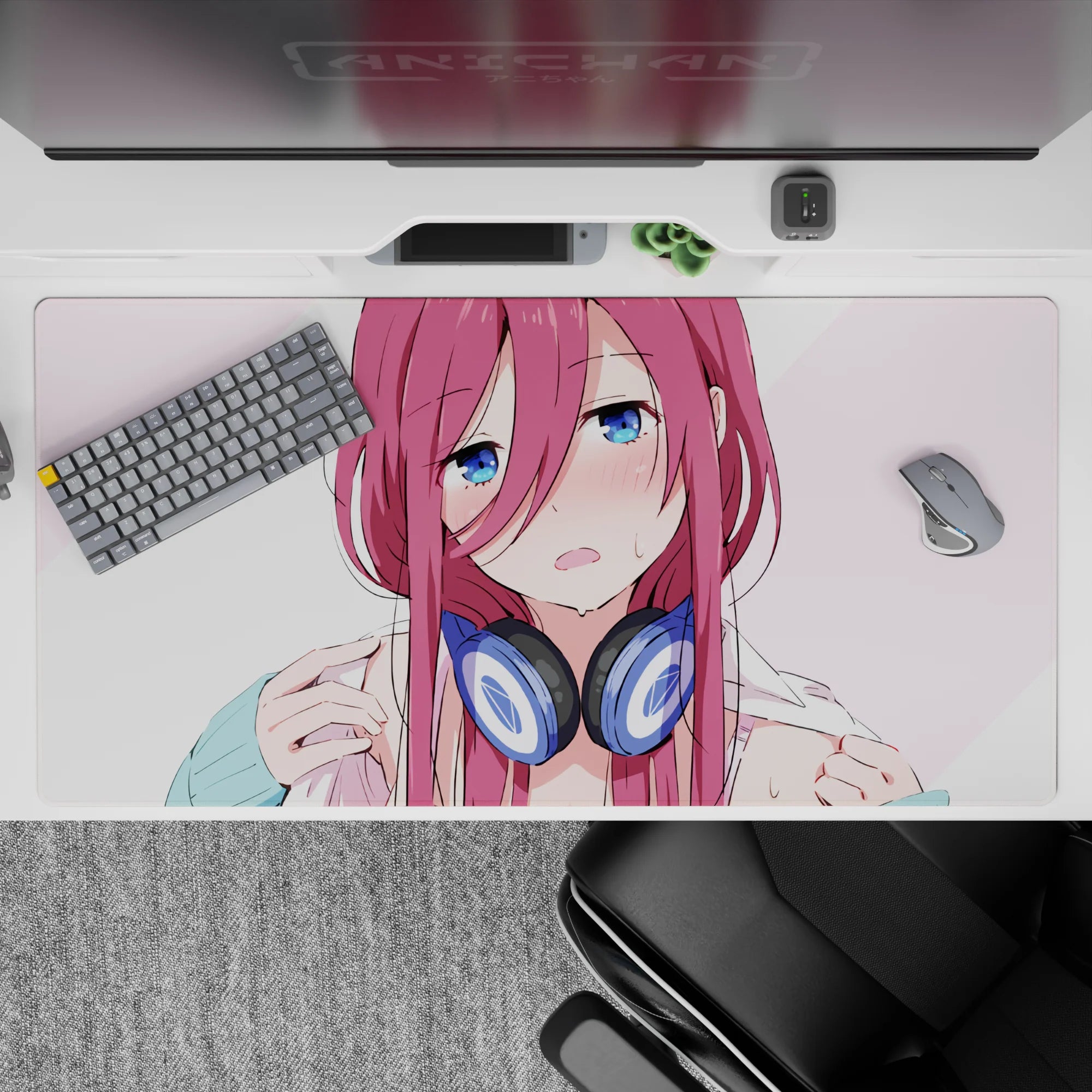 Cozy blush and pale pink tones anime desk pad 40x20 inches with teasing vibe and crisp cute artwork.