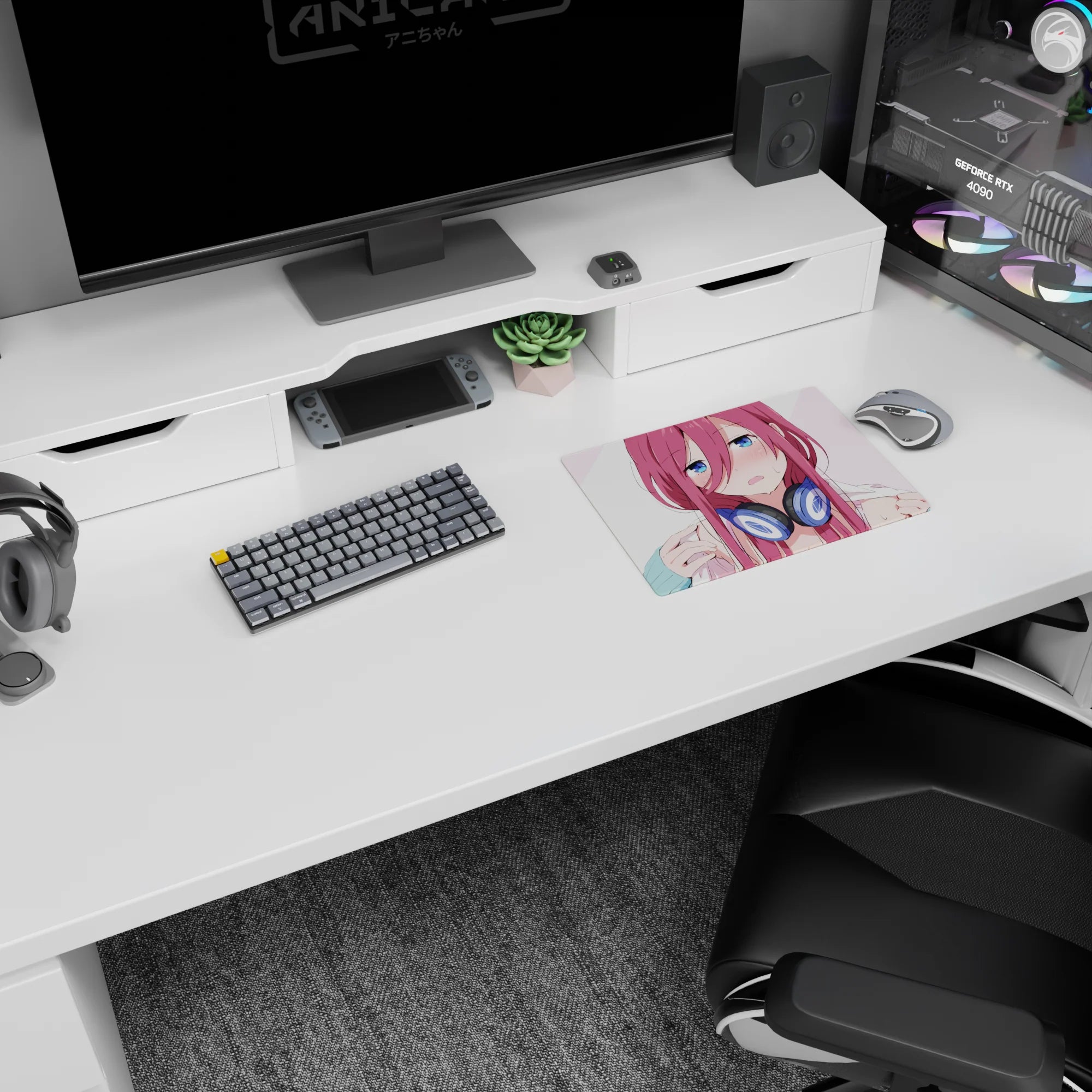 Flustered pink-haired anime girl in chunky navy headphones, crisp desk art mouse pad 14x10 inches.