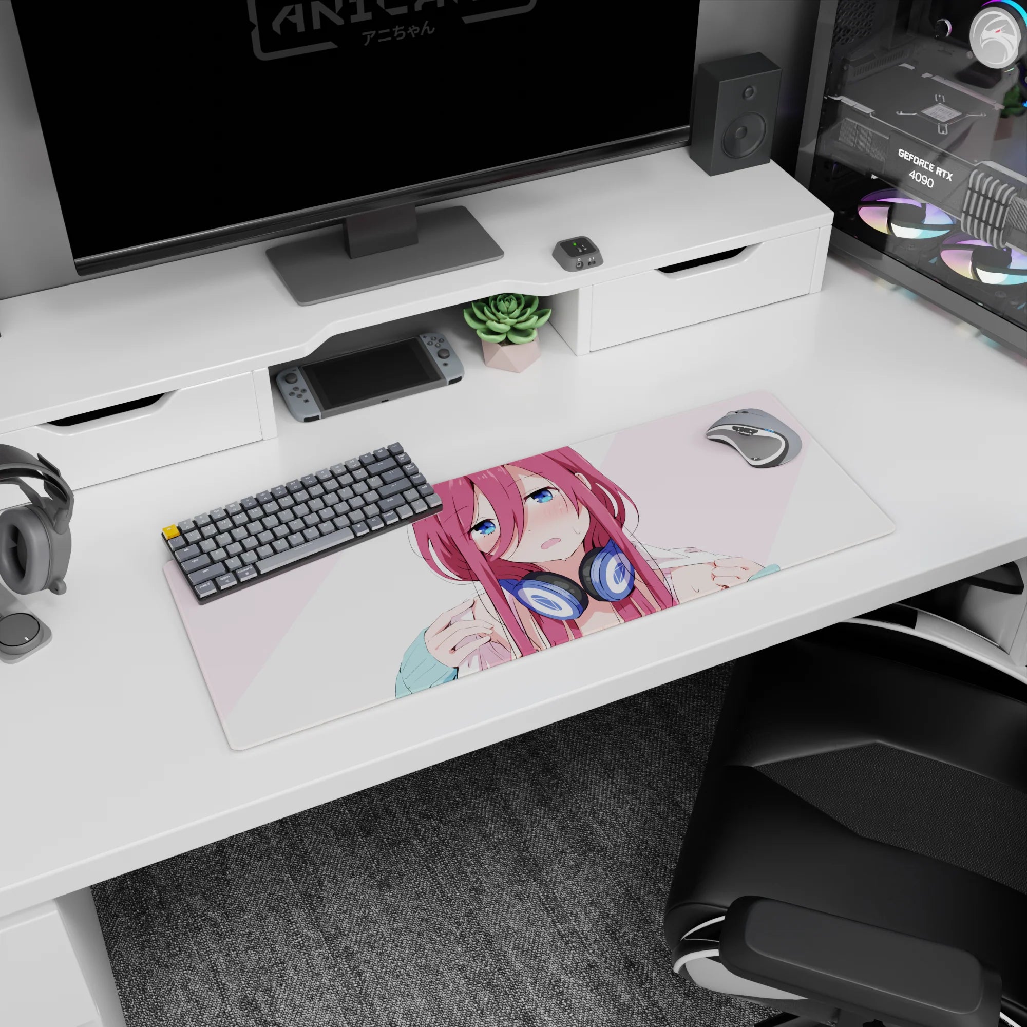 32x12 inches anime mouse pad showing a flustered pink-haired girl in headphones, cute desk art.