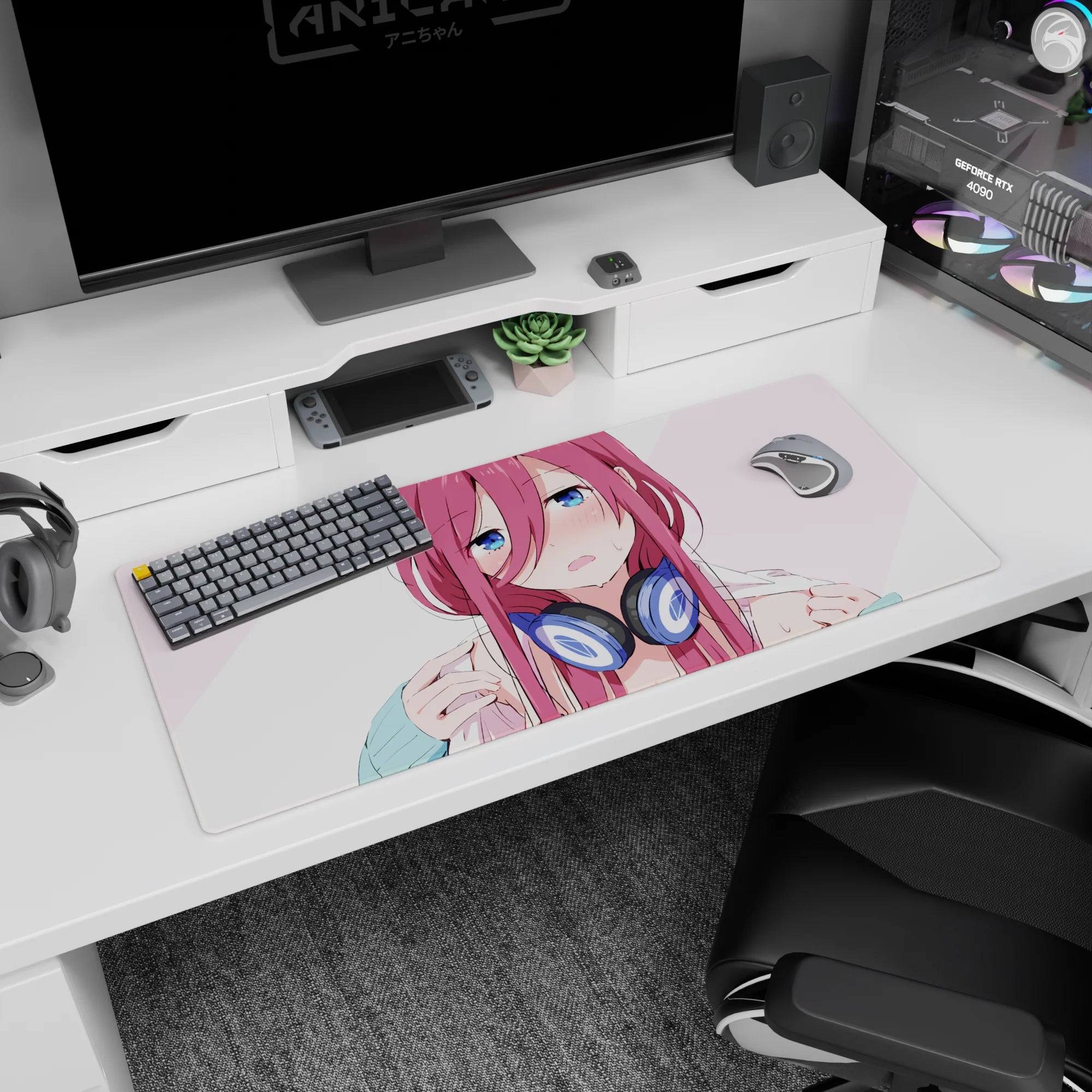 36x16 inches anime mouse pad showing flustered pink-haired girl in big headphones, like she paused your music.