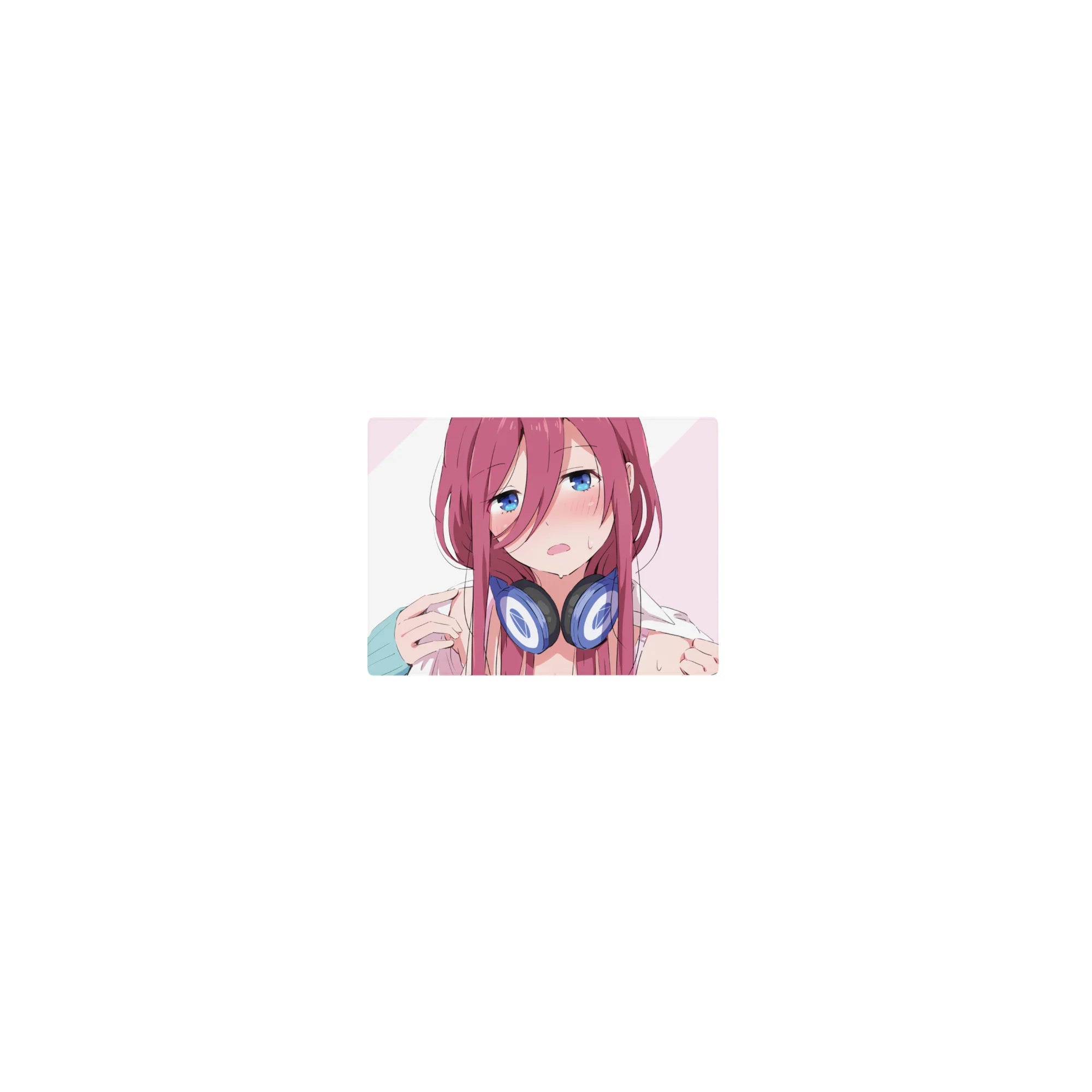 Classic anime girl mouse pad 14x10 inches with blue-eyed pink-haired girl and navy headphones.