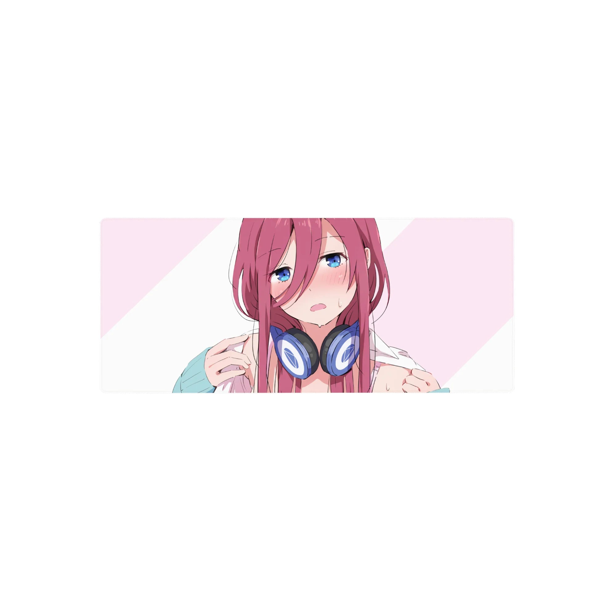 Anime girl mouse pad 28x12 inches with blue eyes, pink hair, and navy headphones on a striped background.