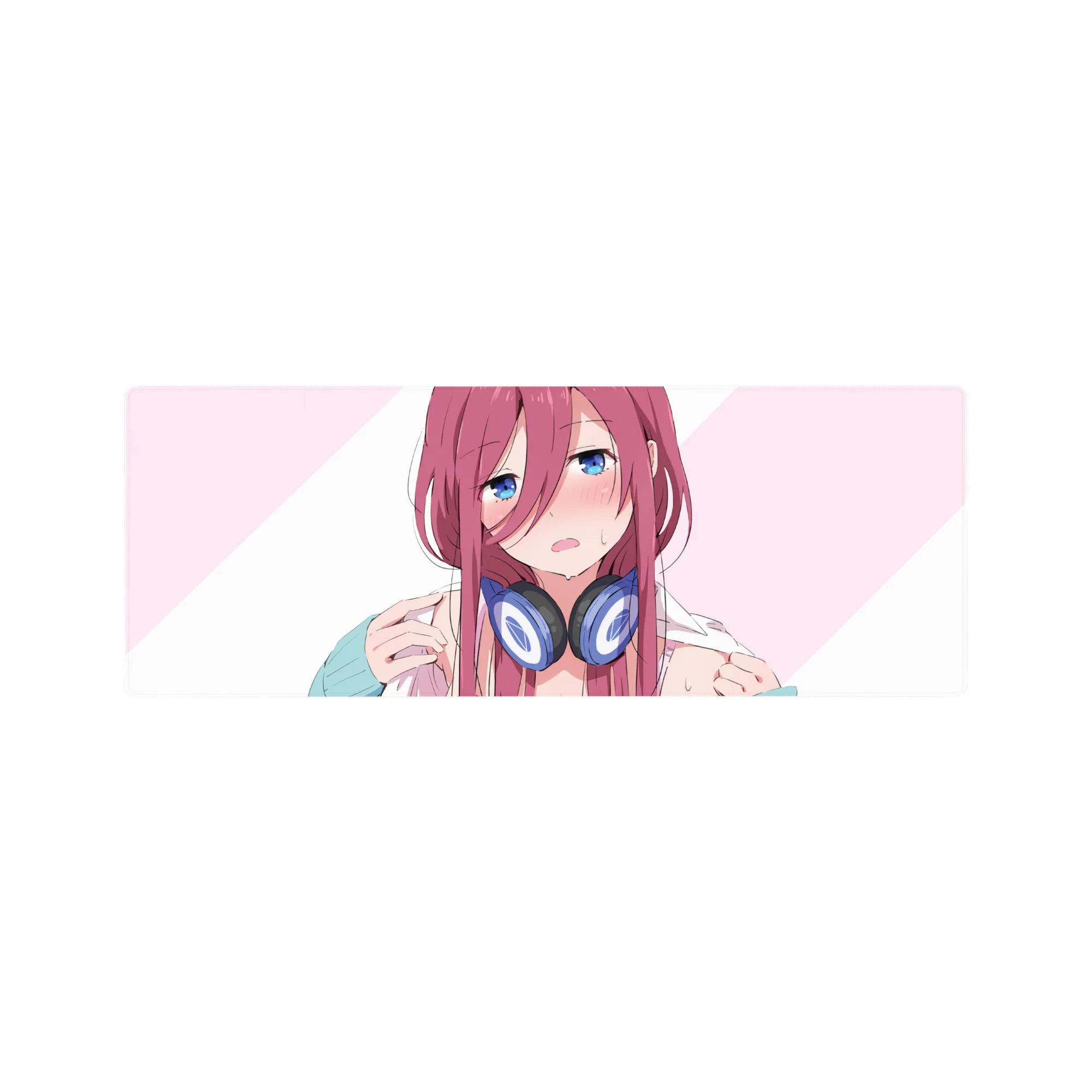 32x12 inches anime girl mouse pad with pink-haired, blue-eyed art and chunky navy headphones.
