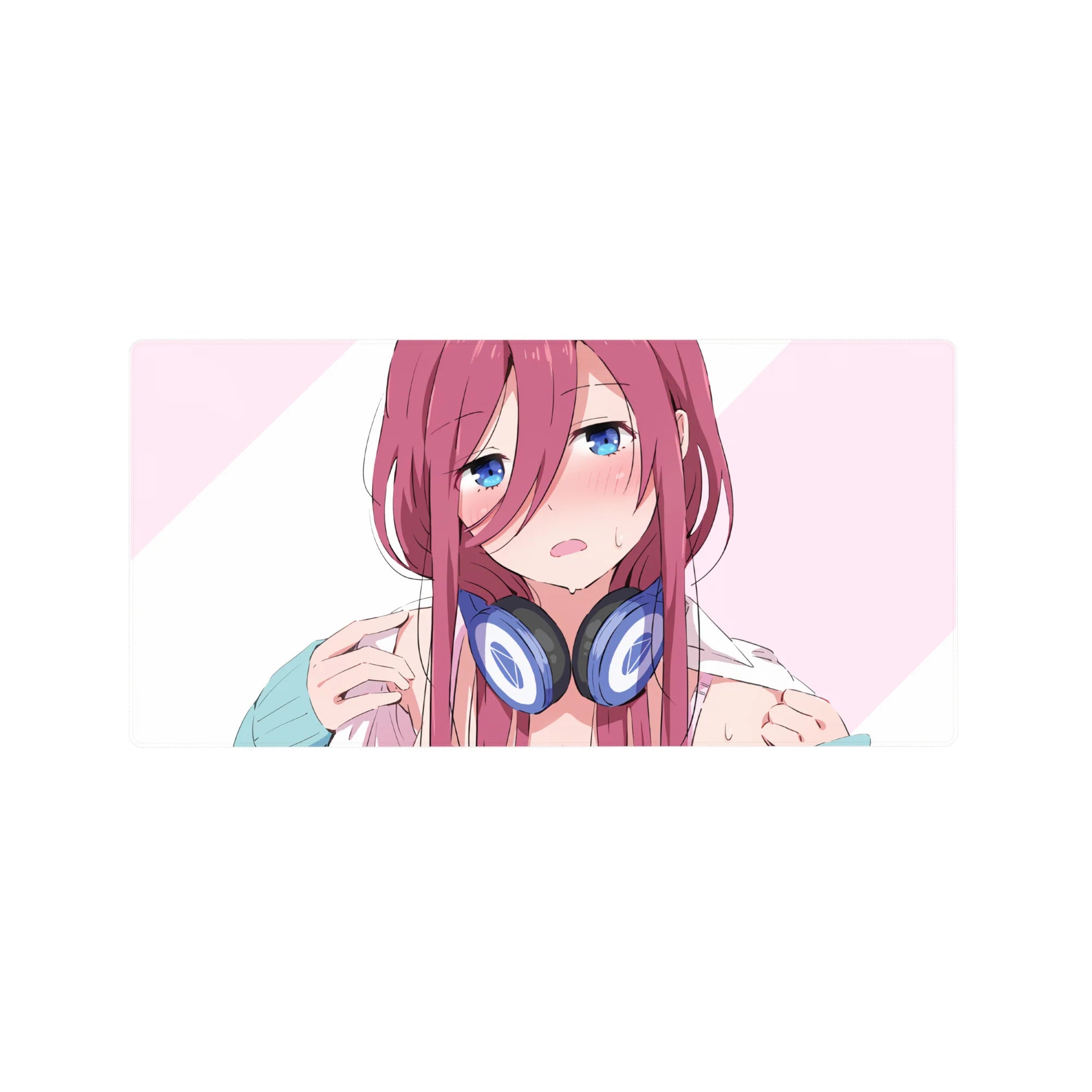 32x16 inches anime girl mouse pad with pink-haired, blue-eyed headset girl on pale pink striped background.