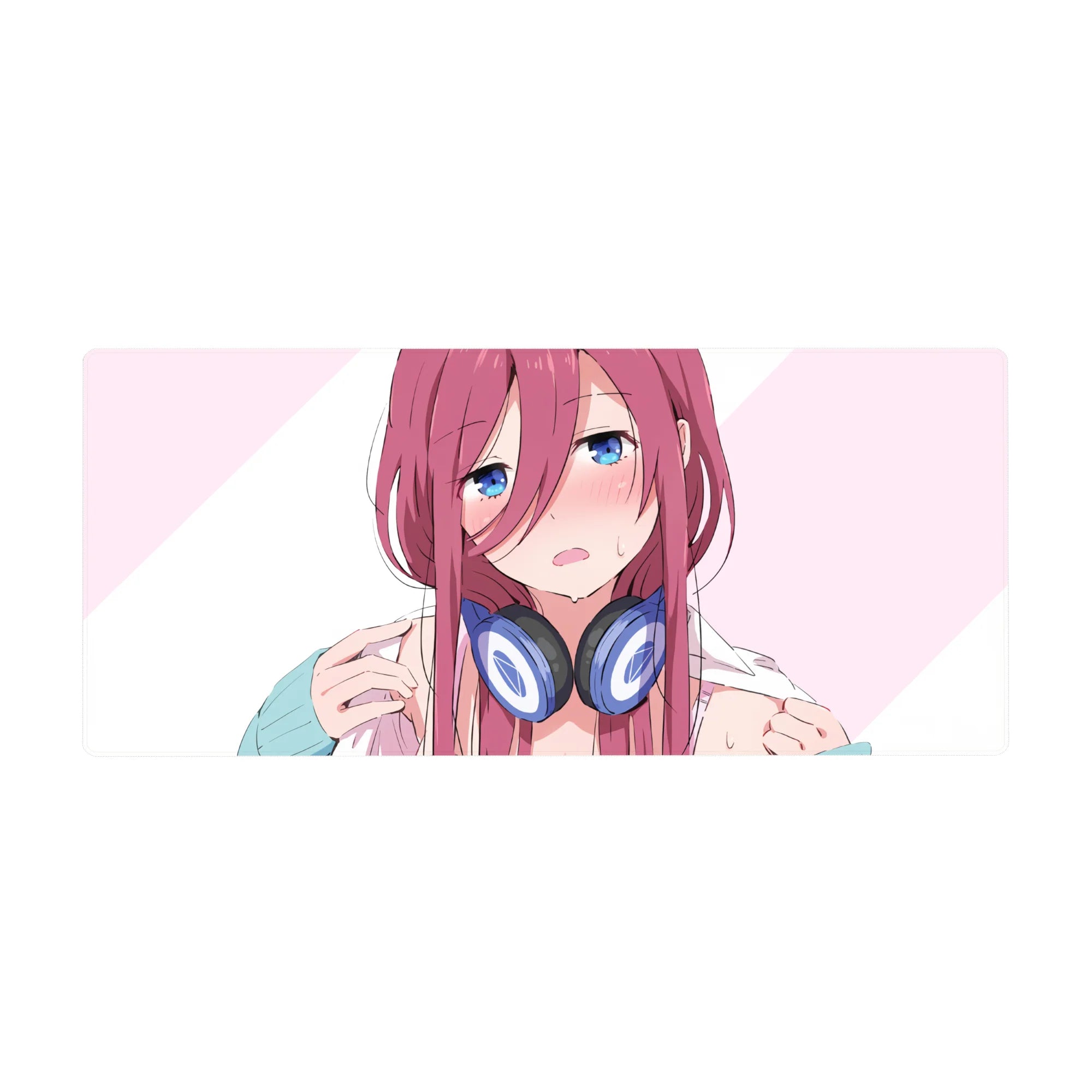 36x16 inches anime girl desk pad with pink-haired, blue-eyed girl in navy headphones on striped background.