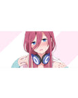36x16 inches anime girl desk pad with pink-haired, blue-eyed girl in navy headphones on striped background.