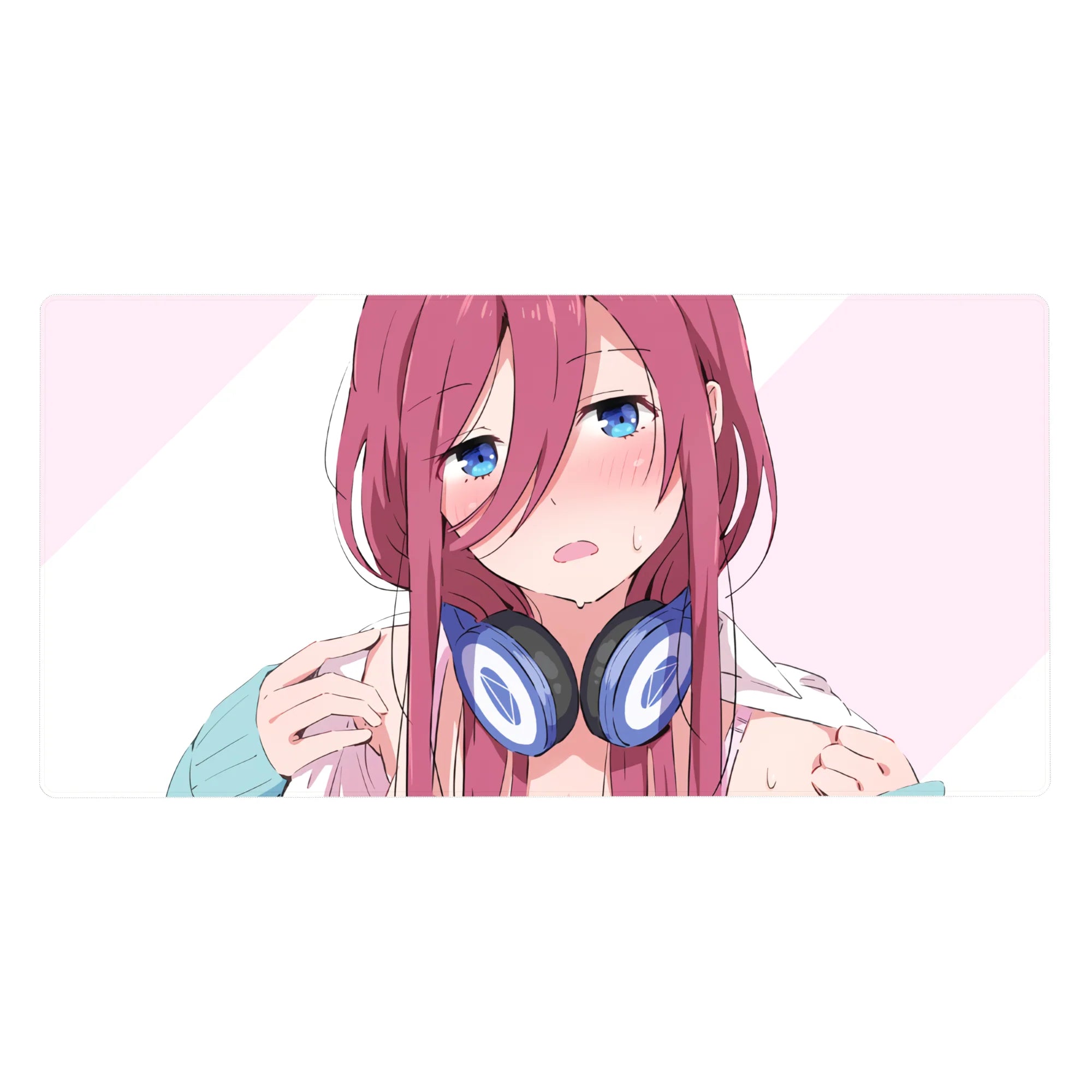 Anime girl desk pad 40x20 inches with pink-haired character, blue eyes, striped pink background, headphones.