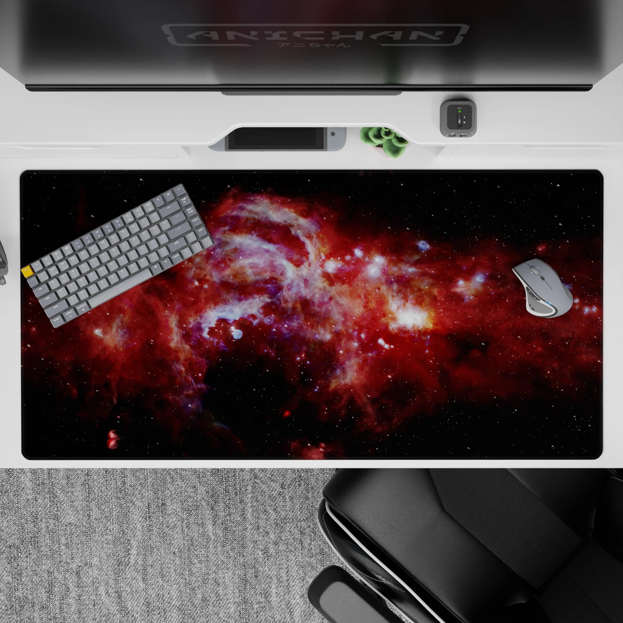 Dark cosmic desk pad 40x20 inches in inky black with bold reds, soft gradients, and a calm late-night vibe.