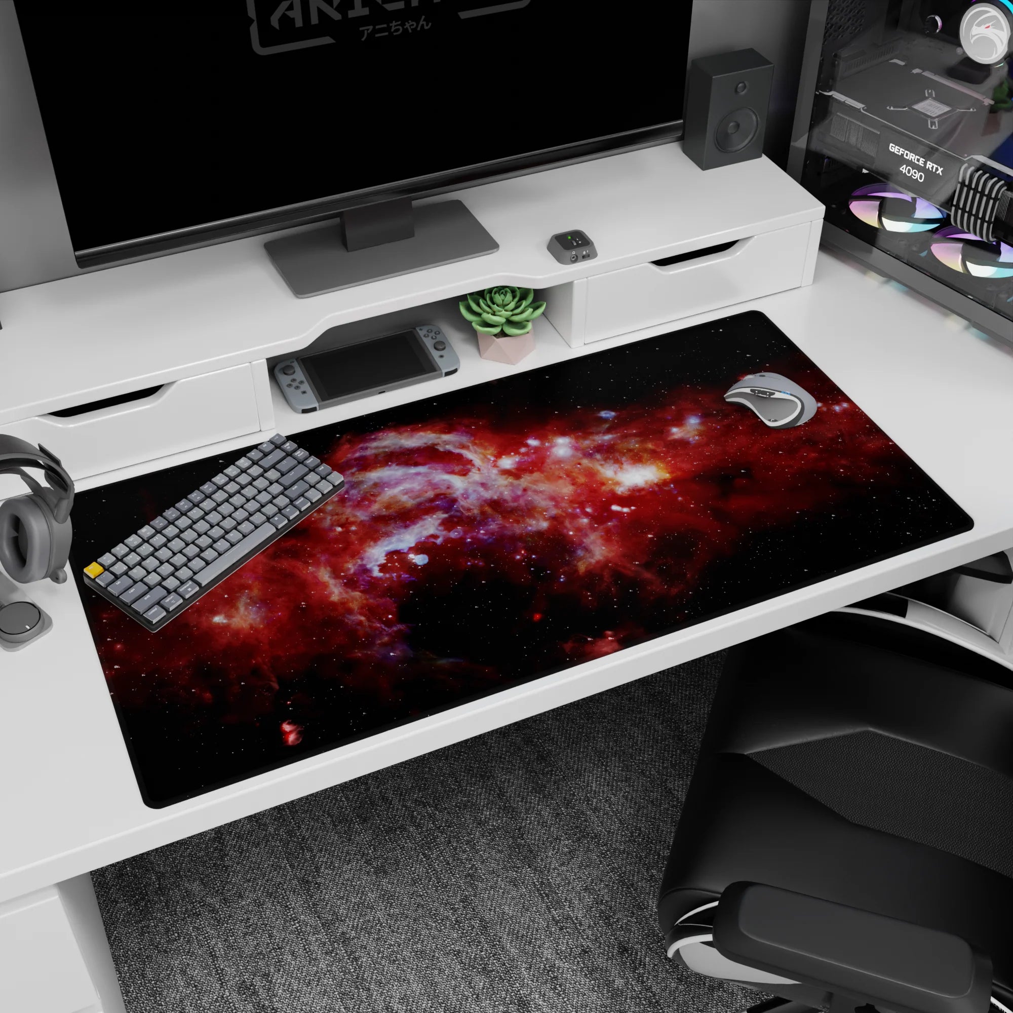 Deep space scene desk pad 40x20 inches featuring swirling crimson nebula clouds and bright white star bursts.