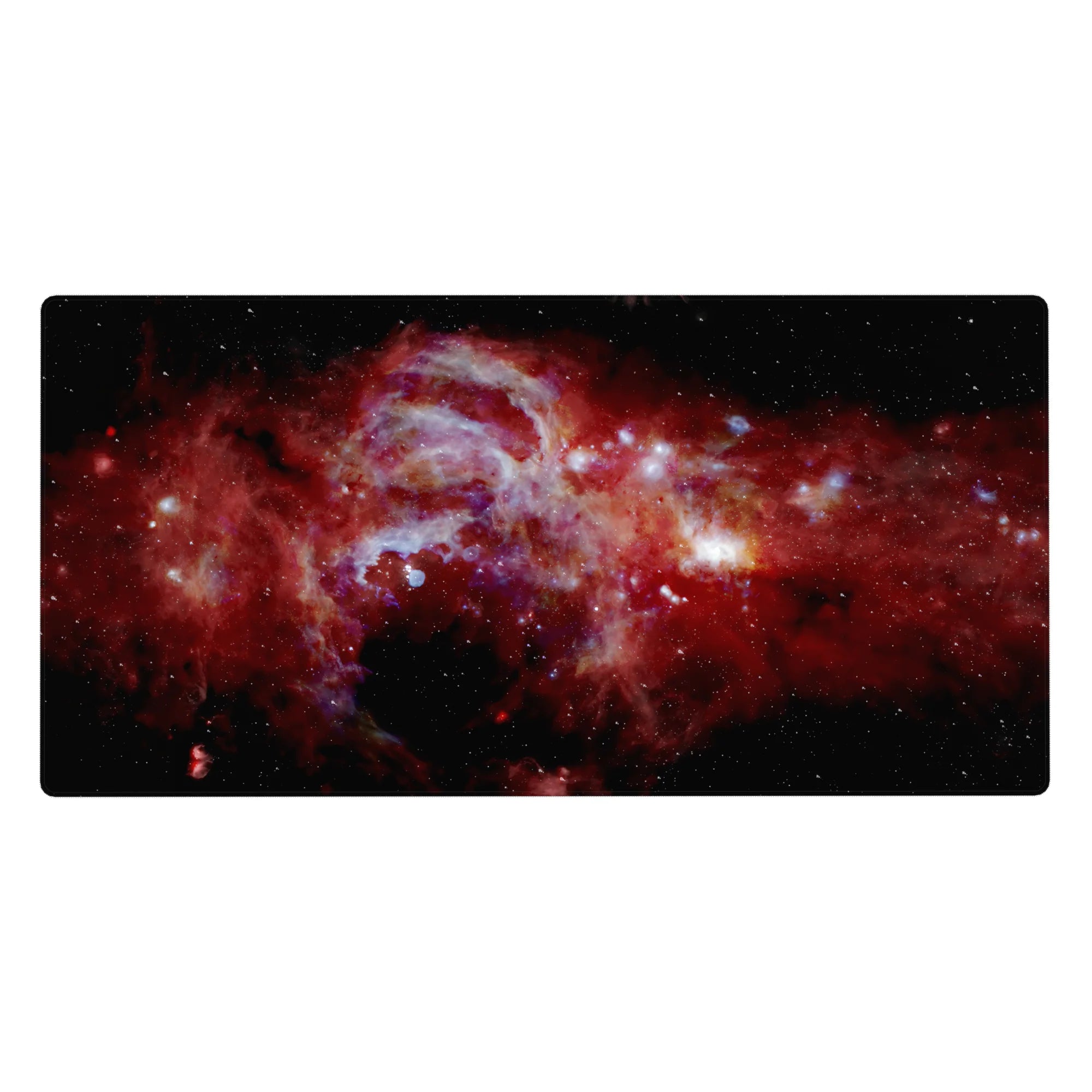 Nebula starfield desk pad, 40x20 inches, with smoky crimson clouds, icy bursts, and speckled stardust.