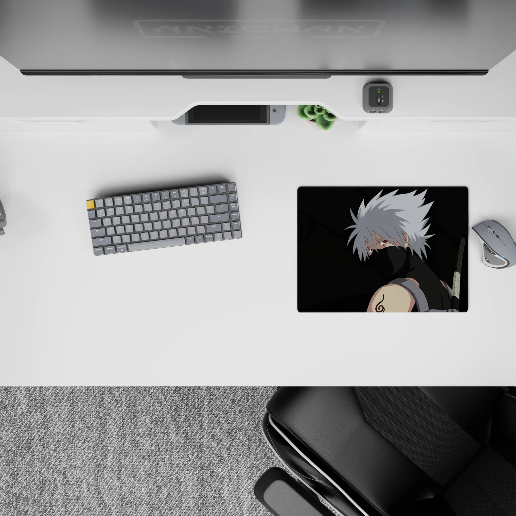 Anime mouse pad 14x10 inches in smoky blacks and deep greens, red eye glow, chill yet fierce vibe.