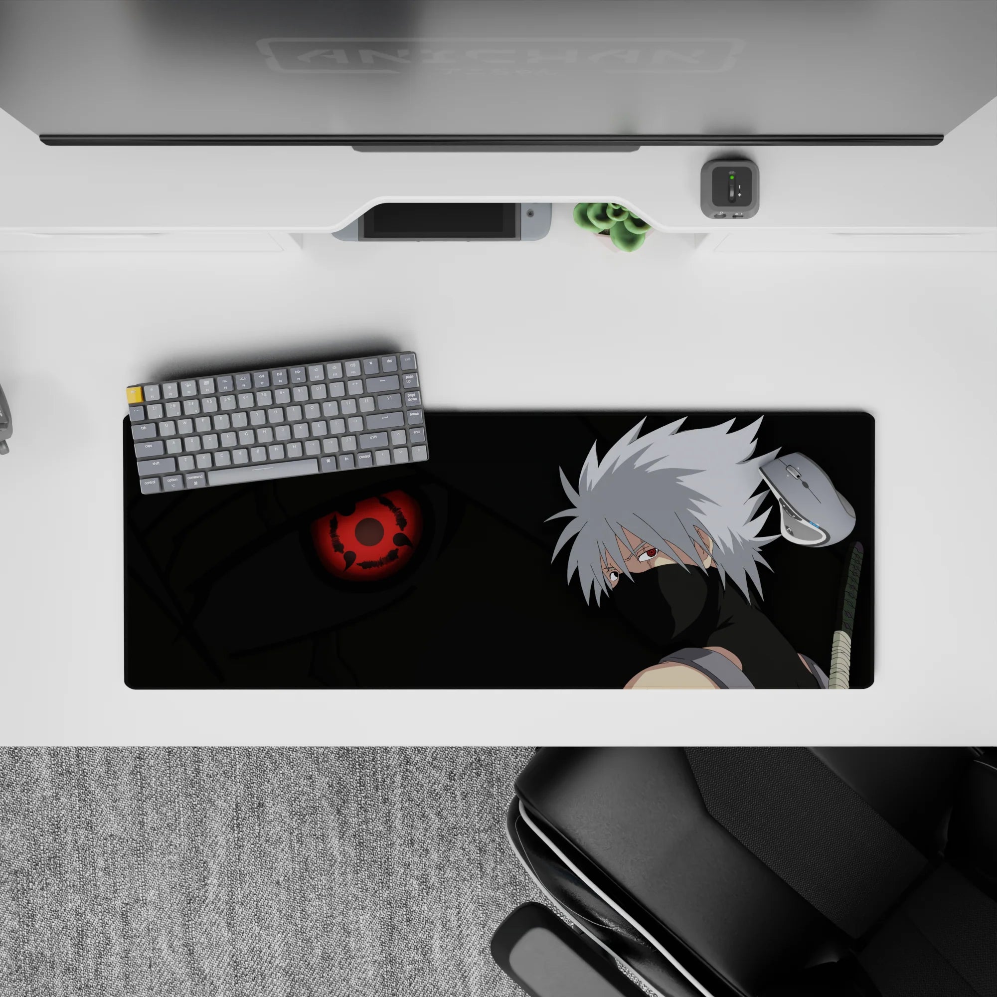 32x12 inches extended mouse pad in deep greens and blacks with a red Sharingan glow, chill fierce mood.