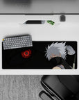32x12 inches extended mouse pad in deep greens and blacks with a red Sharingan glow, chill fierce mood.