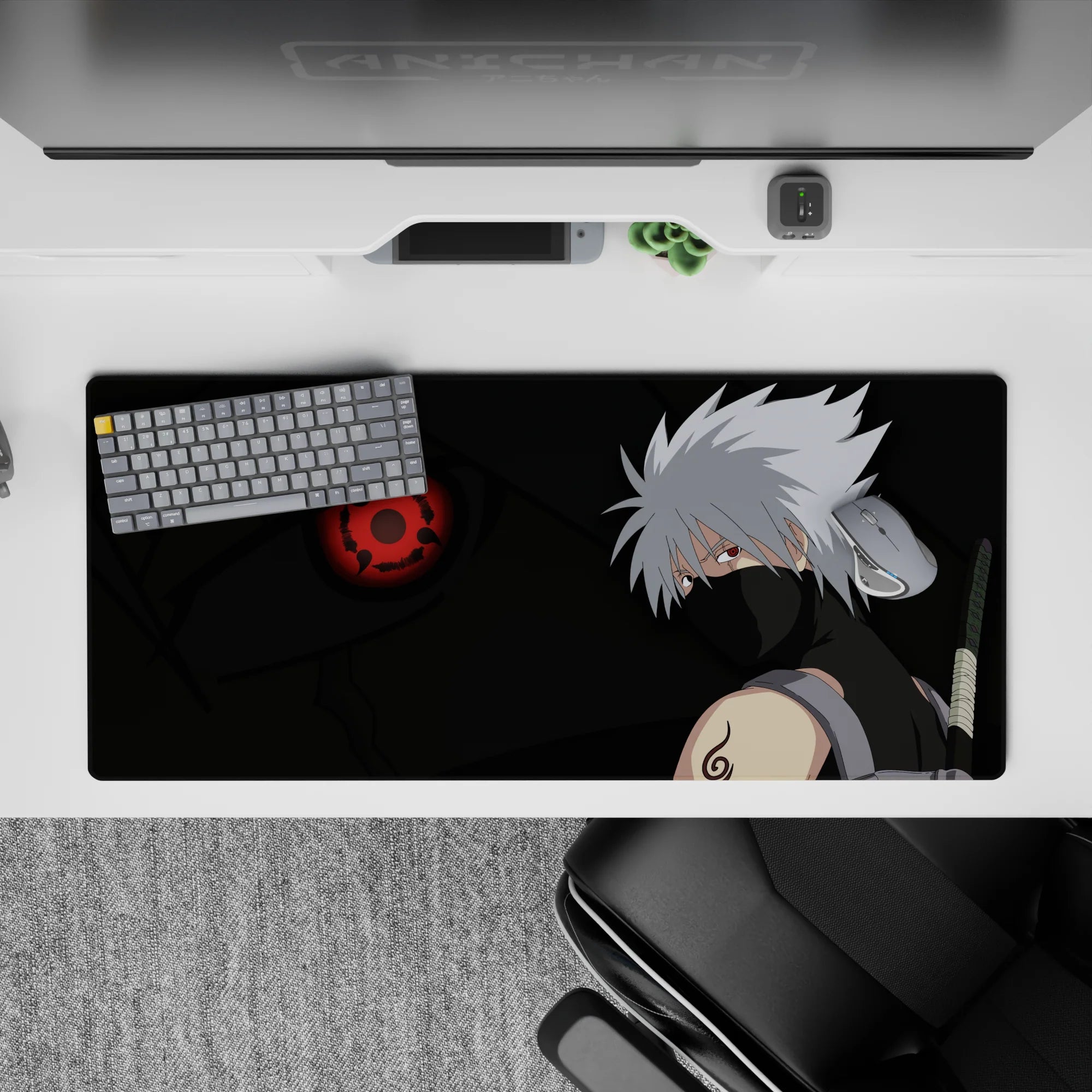 Dark smoky black and deep green 36x16 inches desk pad with red eye glow and chill, fierce vibe.