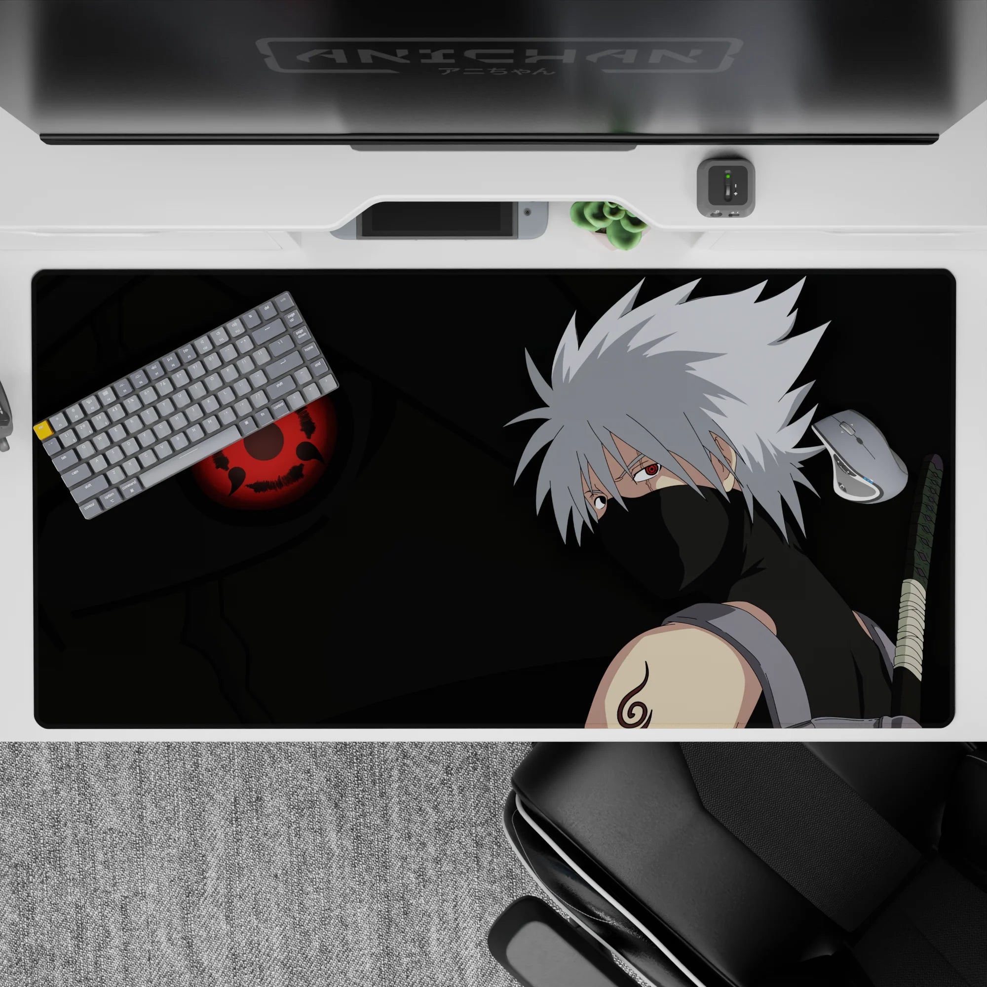Dark smoky black and deep green anime desk pad 40x20 inches with red eye glow, chill fierce mood.