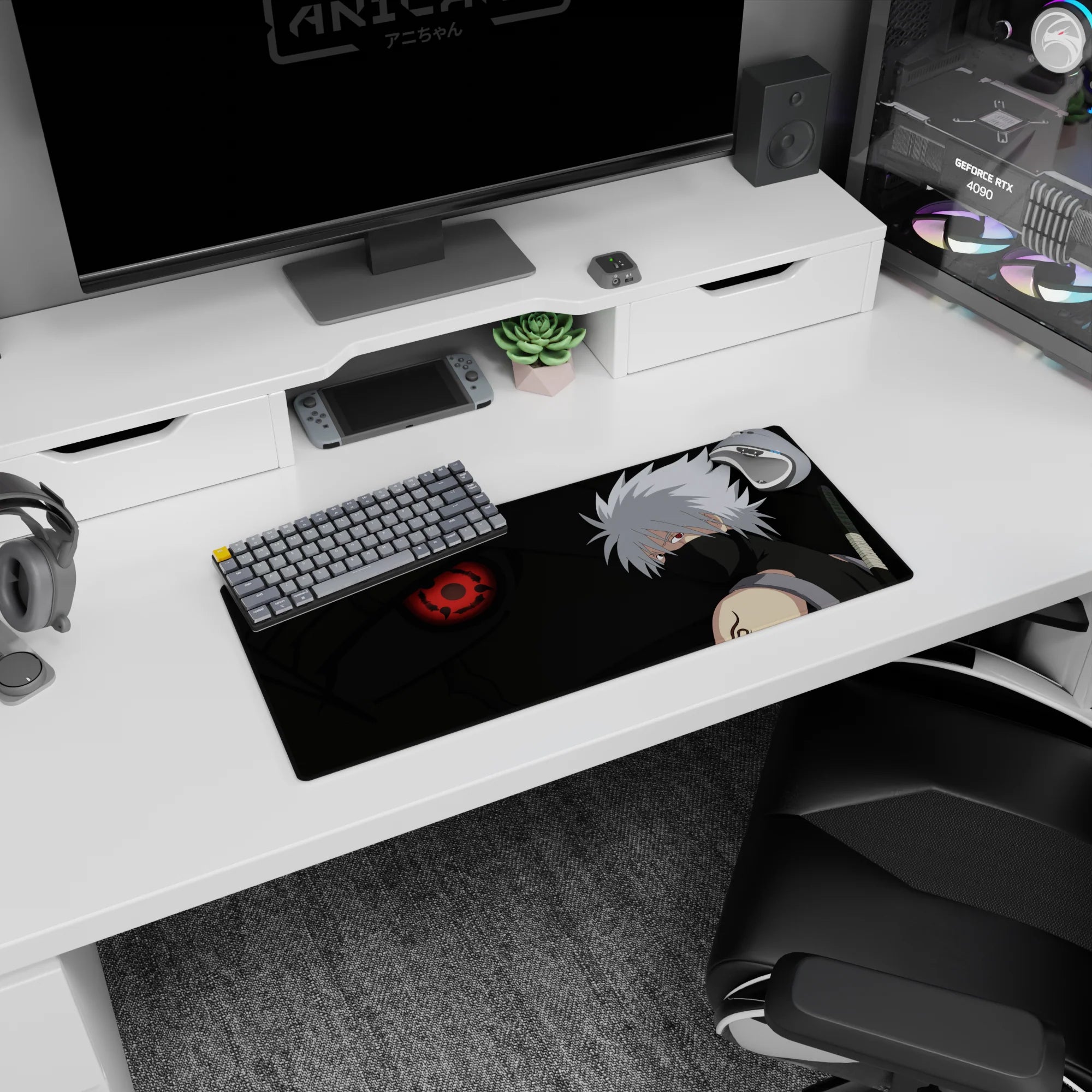 28x12 inches Kakashi Hatake mouse pad showing his calm deadly glance, silver hair, and glowing Sharingan.