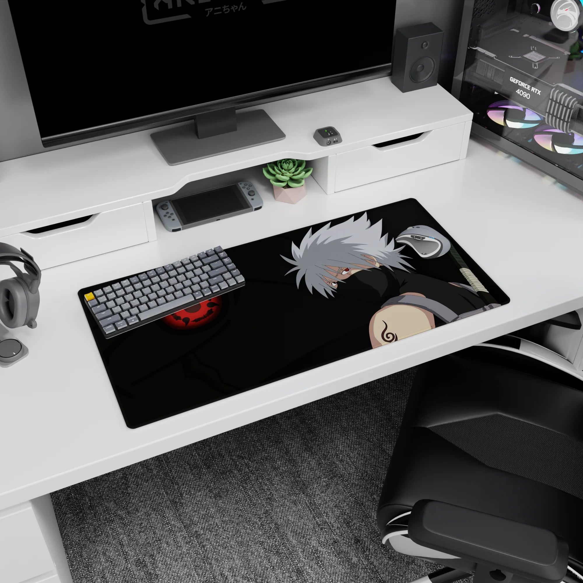 32x16 inches Kakashi Hatake mouse pad with calm deadly glance, silver hair and glowing Sharingan eye.