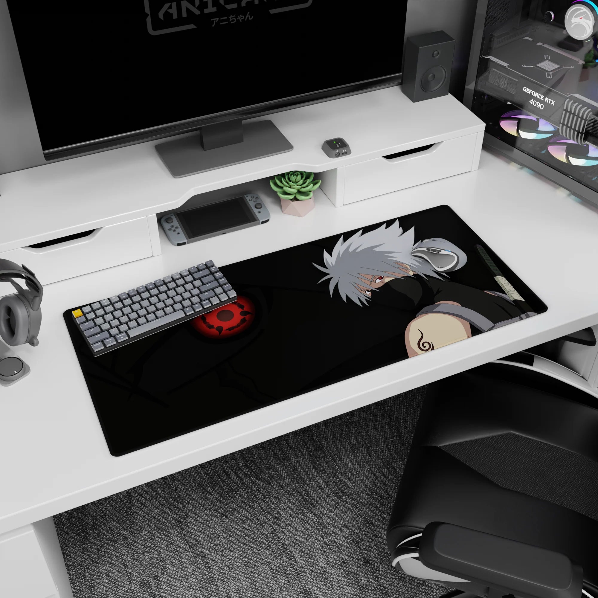 Kakashi Hatake calm deadly glance with glowing red Sharingan on a 36x16 inches anime desk pad.