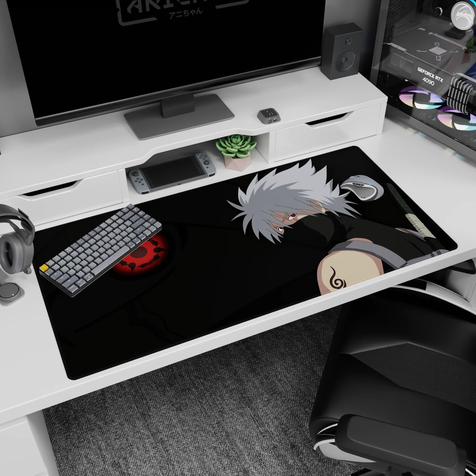 Kakashi Hatake calm deadly glance with glowing Sharingan and silver hair on 40x20 inches anime desk pad.