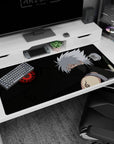 Kakashi Hatake calm deadly glance with glowing Sharingan and silver hair on 40x20 inches anime desk pad.