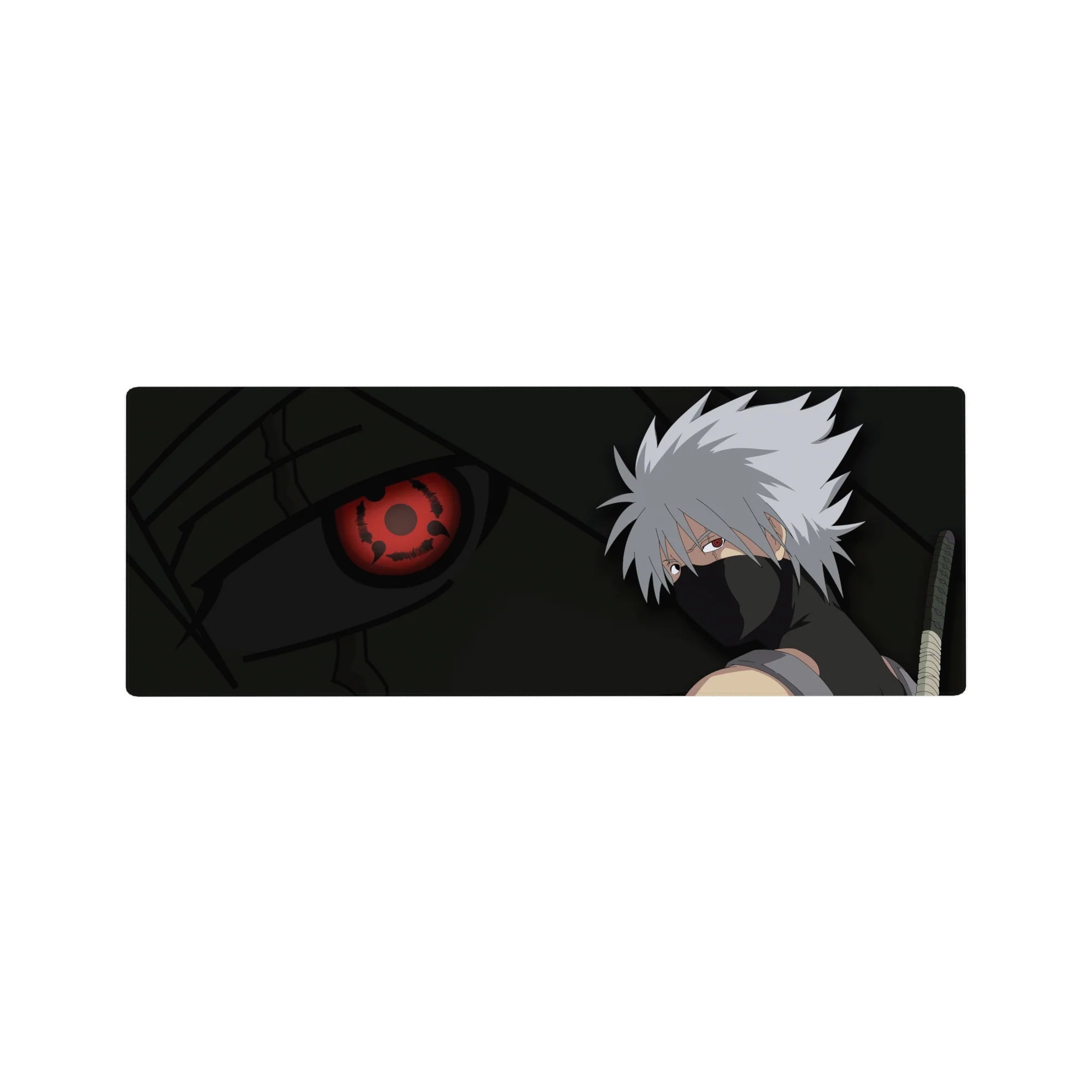 32x12 inches anime mouse pad featuring a ninja with silver hair and glowing red eye in smoky tones.