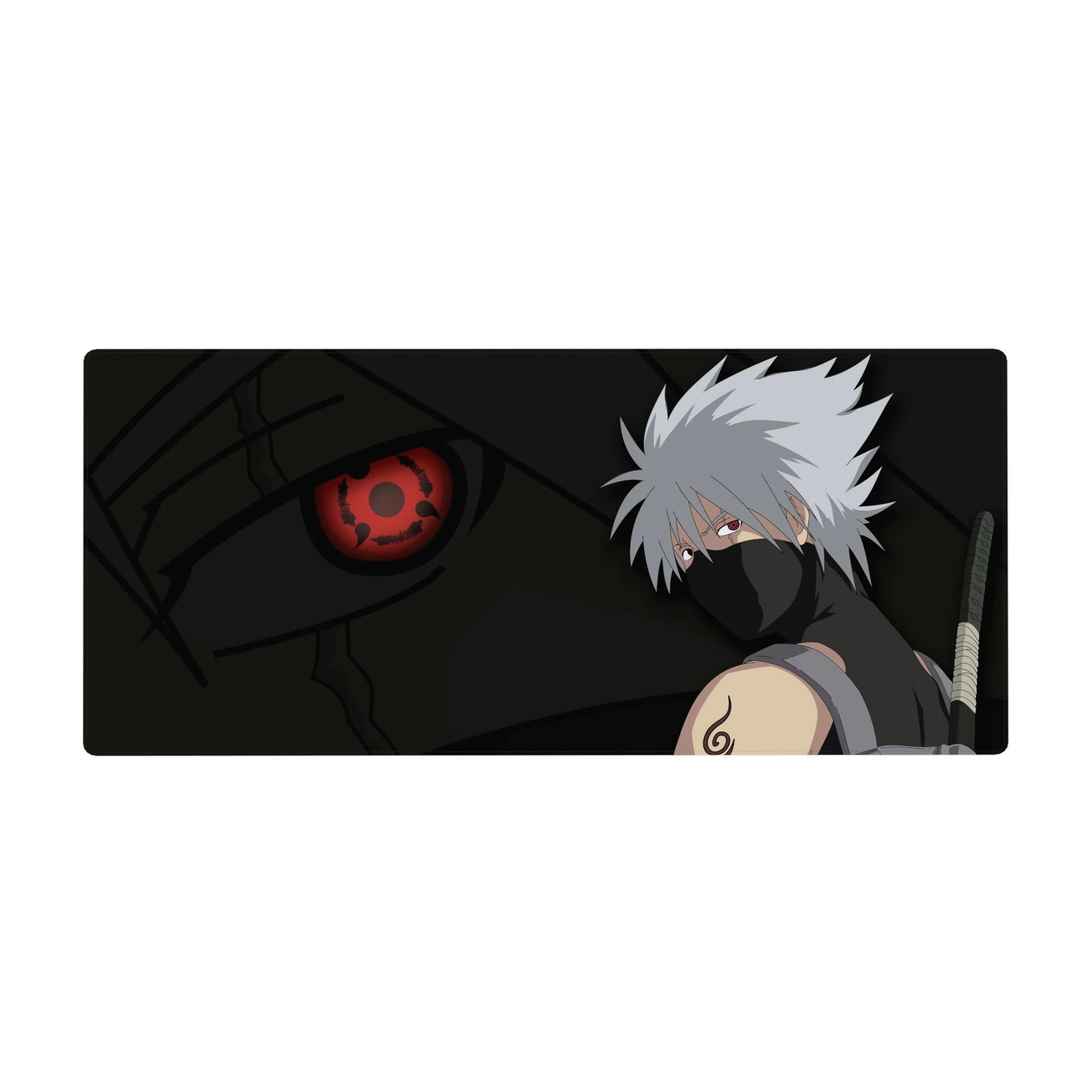 Anime desk pad 36x16 inches with Kakashi-inspired ninja artwork and crisp print for gaming setups.