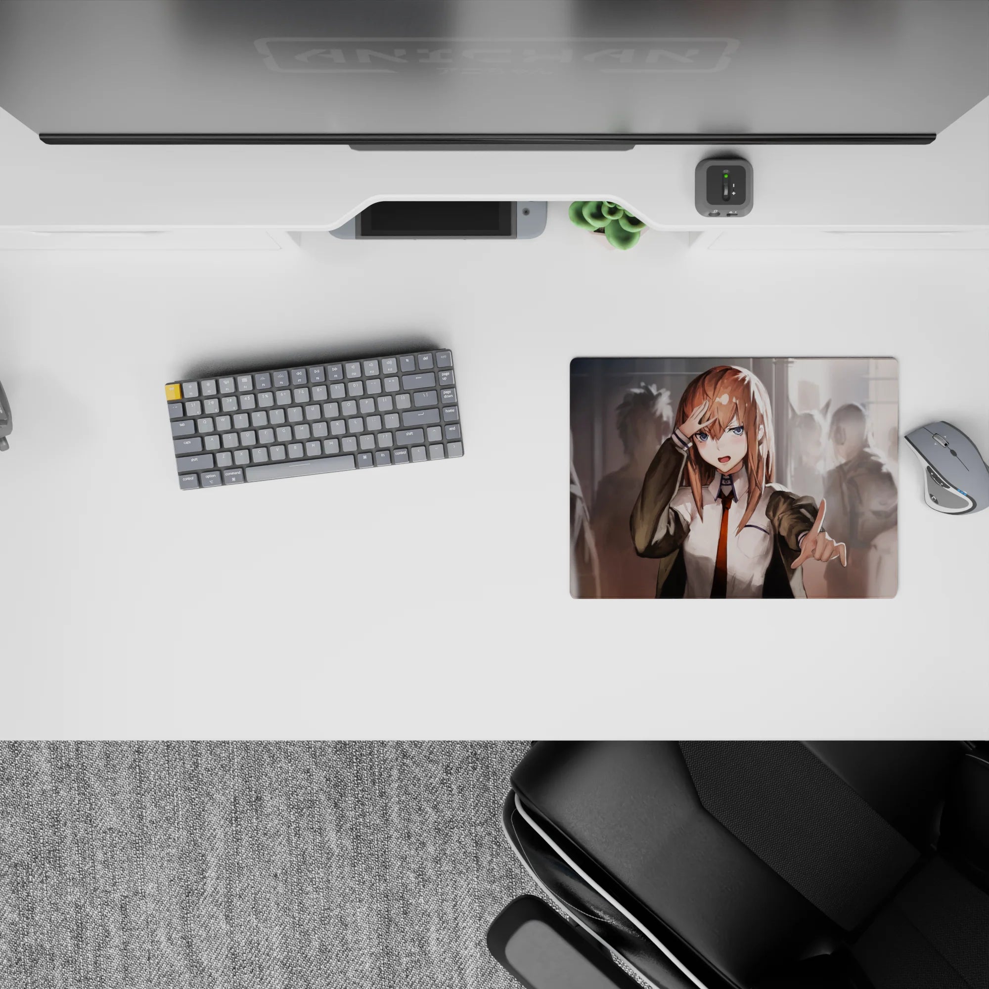 Warm, soft-lit anime mouse pad 14x10 inches in chestnut hair, bright blue eyes, orange tie, muted school blur.