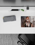 Warm, soft-lit anime mouse pad 14x10 inches in chestnut hair, bright blue eyes, orange tie, muted school blur.