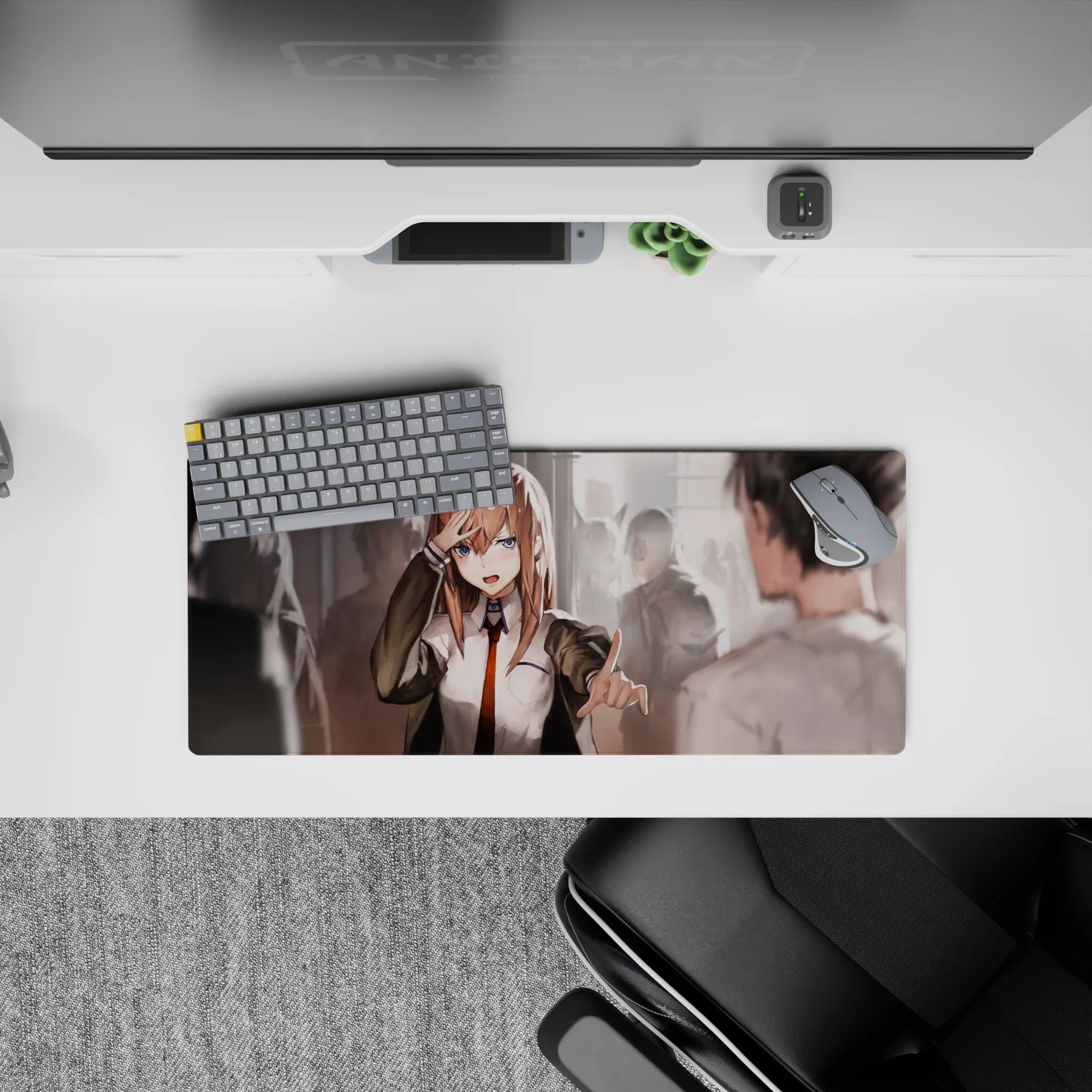 28x12 inches anime mouse pad in warm hallway glow, chestnut hair, bright blue eyes, orange tie.