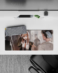 28x12 inches anime mouse pad in warm hallway glow, chestnut hair, bright blue eyes, orange tie.