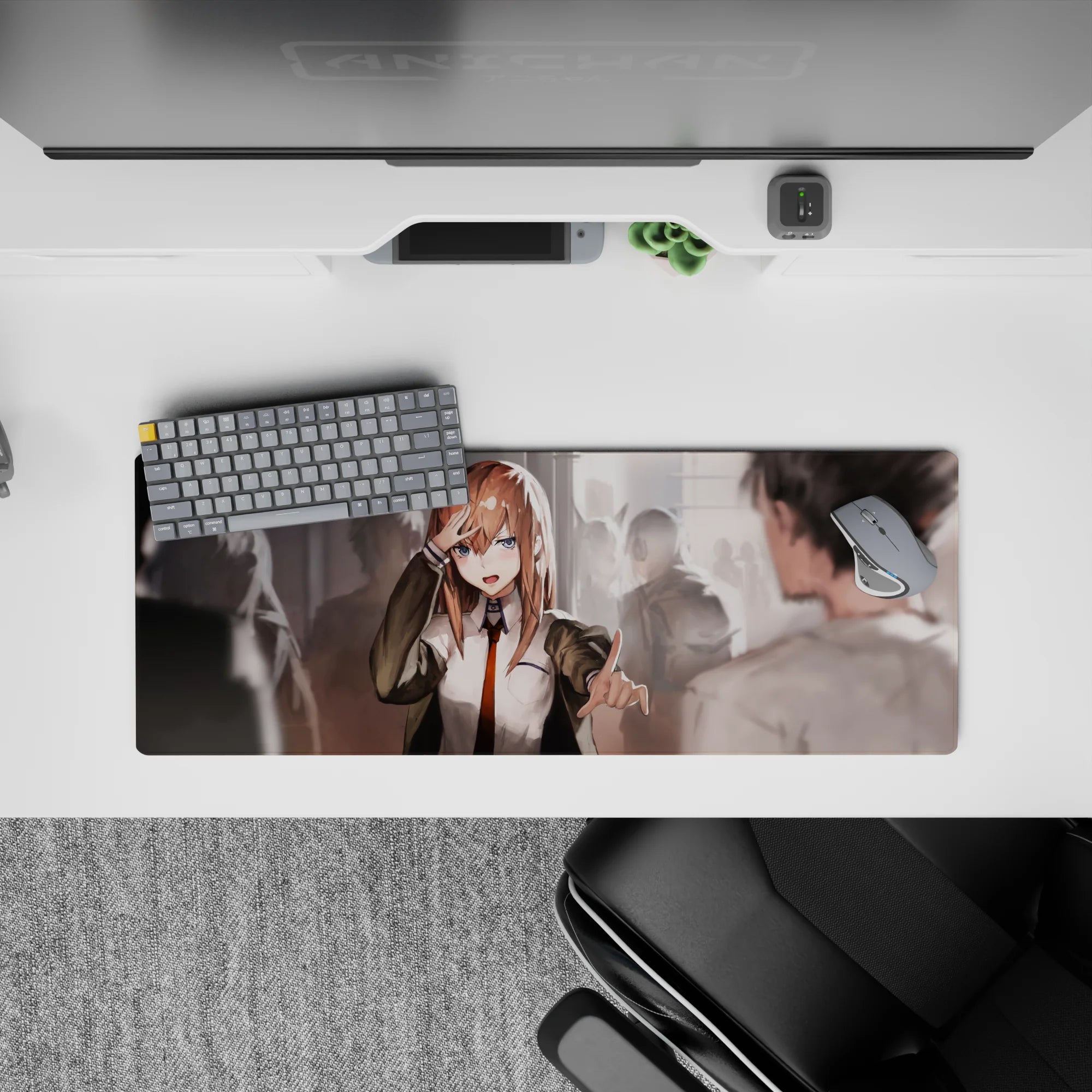 32x12 inches anime girl mouse pad in warm hallway glow, chestnut hair, bright blue eyes, soft dramatic mood.