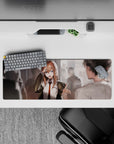 32x12 inches anime girl mouse pad in warm hallway glow, chestnut hair, bright blue eyes, soft dramatic mood.
