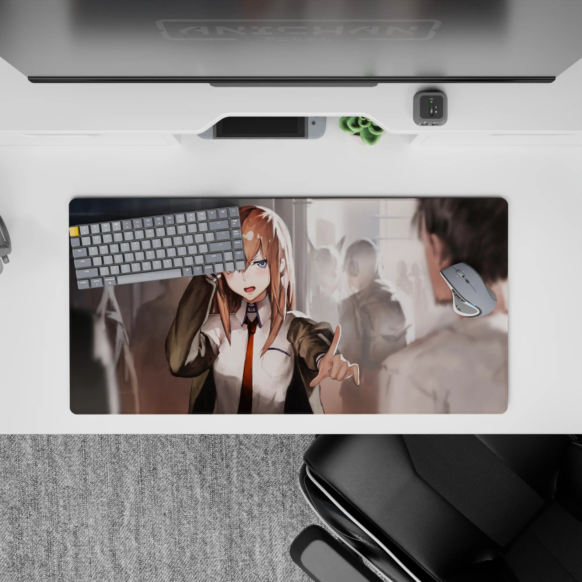 Warm glowing anime mouse pad 32x16 inches, chestnut hair, blue eyes, white shirt and orange tie.