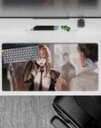 Warm glowing anime mouse pad 32x16 inches, chestnut hair, blue eyes, white shirt and orange tie.