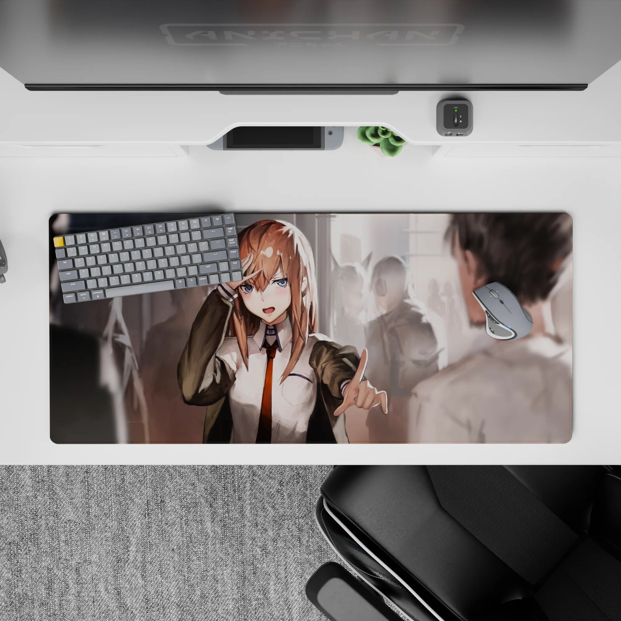 Warm hallway glow anime desk pad 36x16 inches in chestnut, white, and orange with bold blue-eyed gaze.