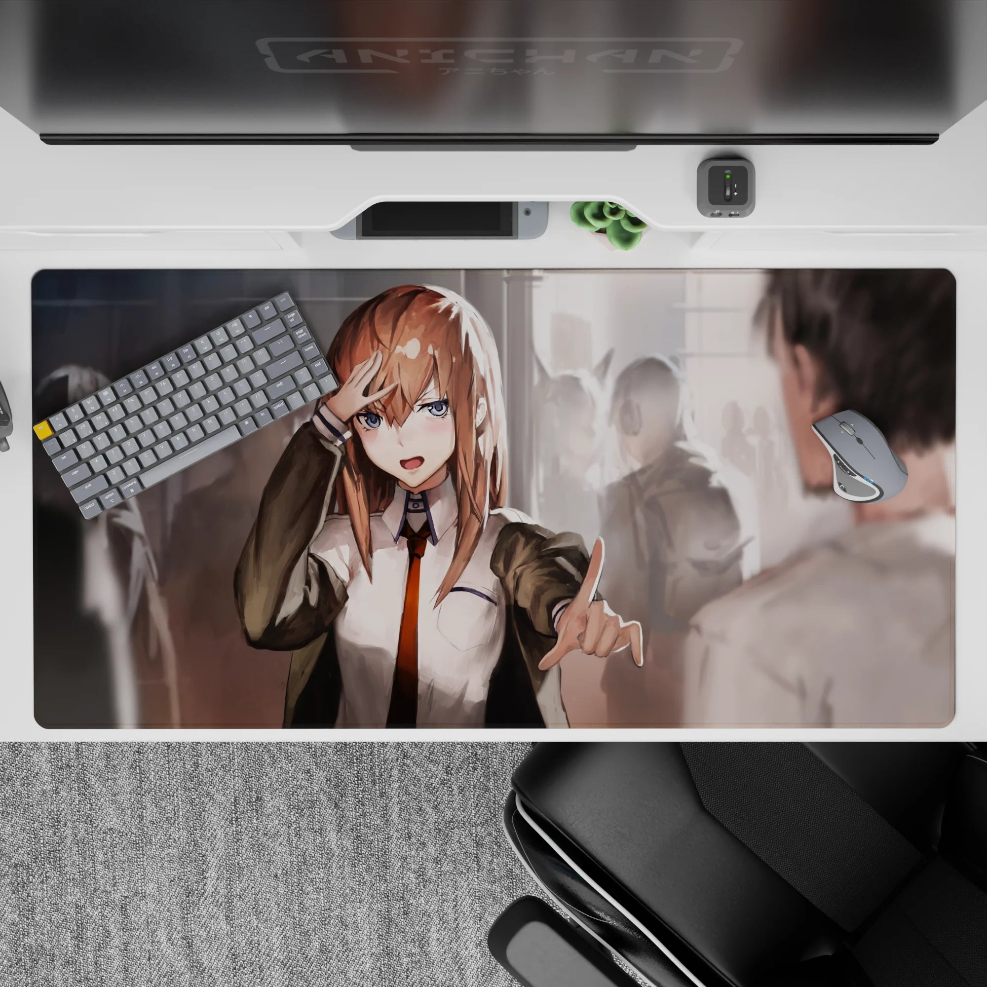 Warm glowing anime desk pad 40x20 inches with chestnut hair, blue eyes, and soft blurred classmates.